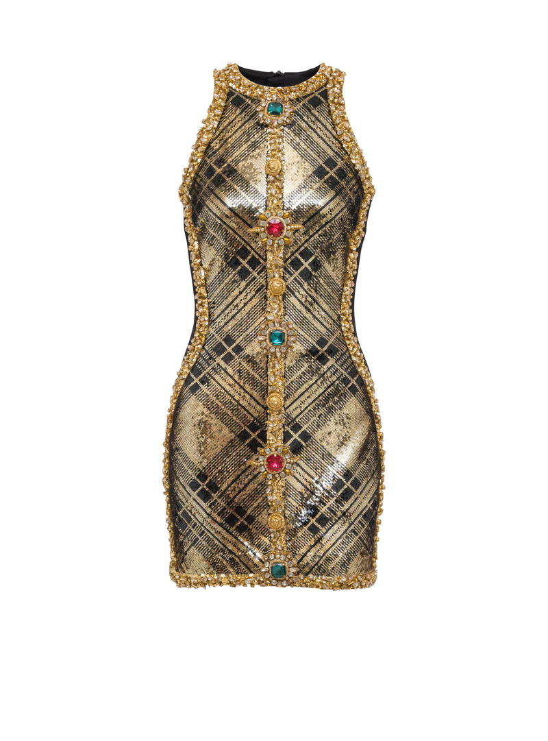 Short sleeveless dress with plaid embroidery 1