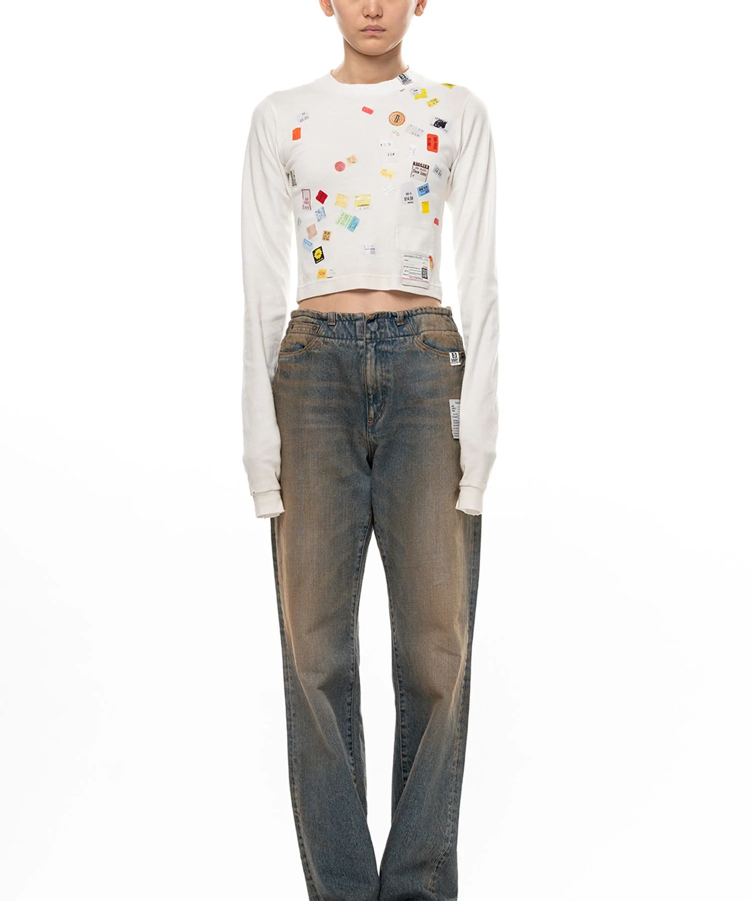 Price Tag Sticker Printed Cropped Long Sleeve T-shirt - 1