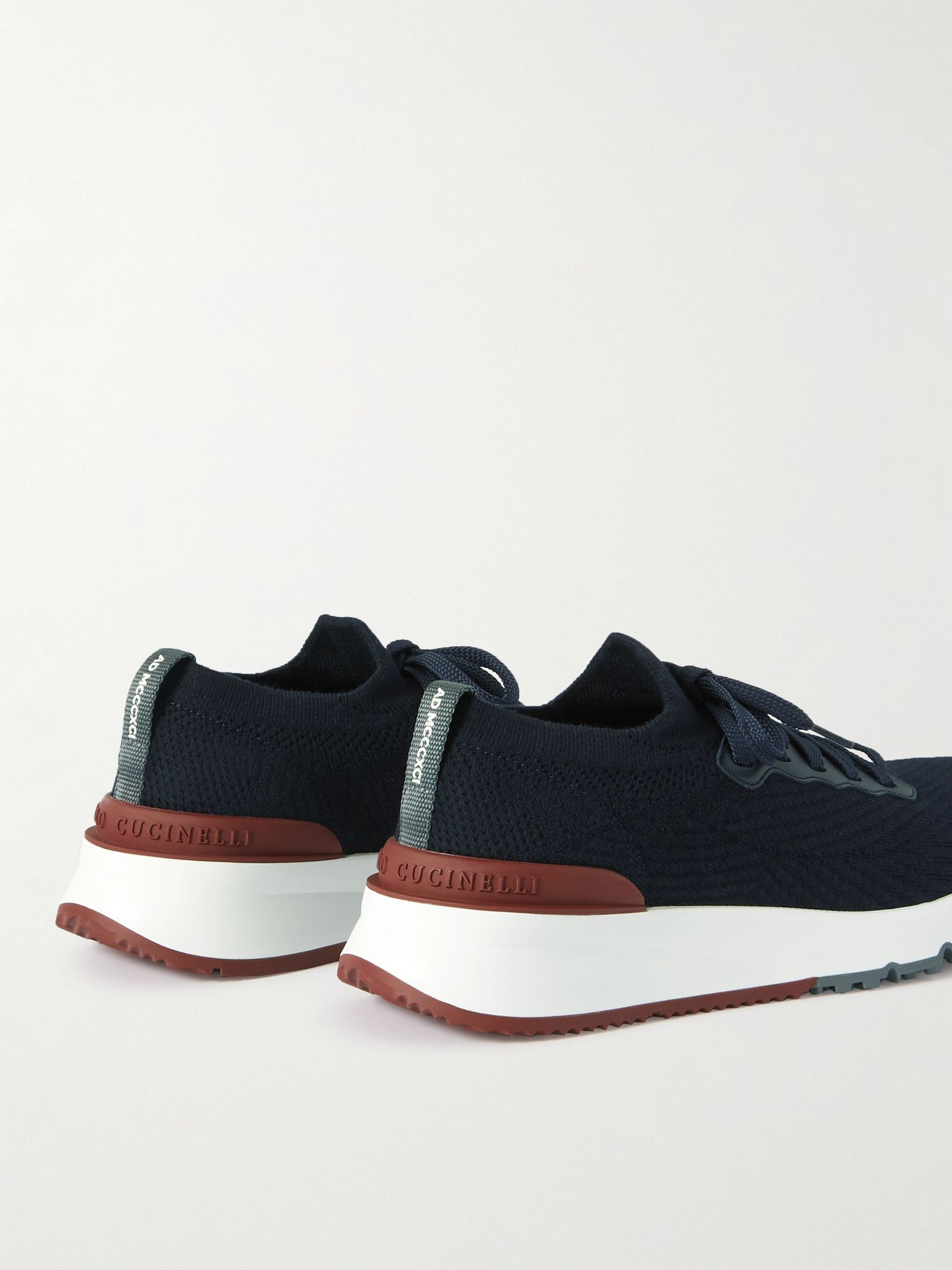 Leather-Trimmed Stretch-Knit Sneakers Navy - 4