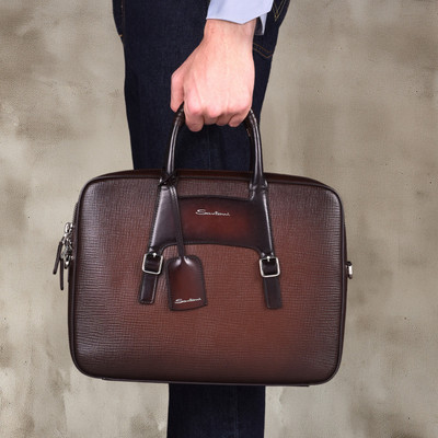 Santoni Brown embossed leather briefcase outlook
