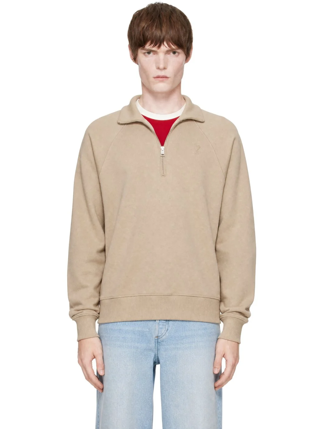 Beige Cotton Zipped Embossed Ami de Coeur Sweatshirt - 1