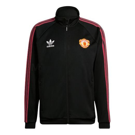 Men's adidas originals SS22 Manchester United Sports Stripe Logo Stand Collar Jacket Black HP0454 - 1