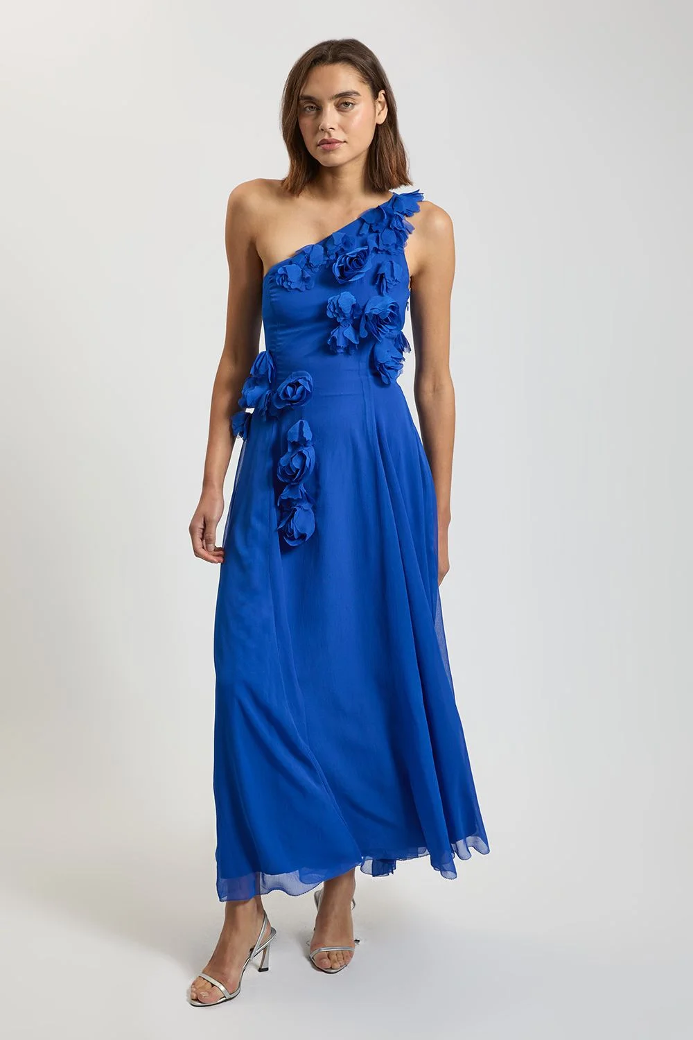 Floral Applique Chiffon One Shoulder Maxi Dress - 1