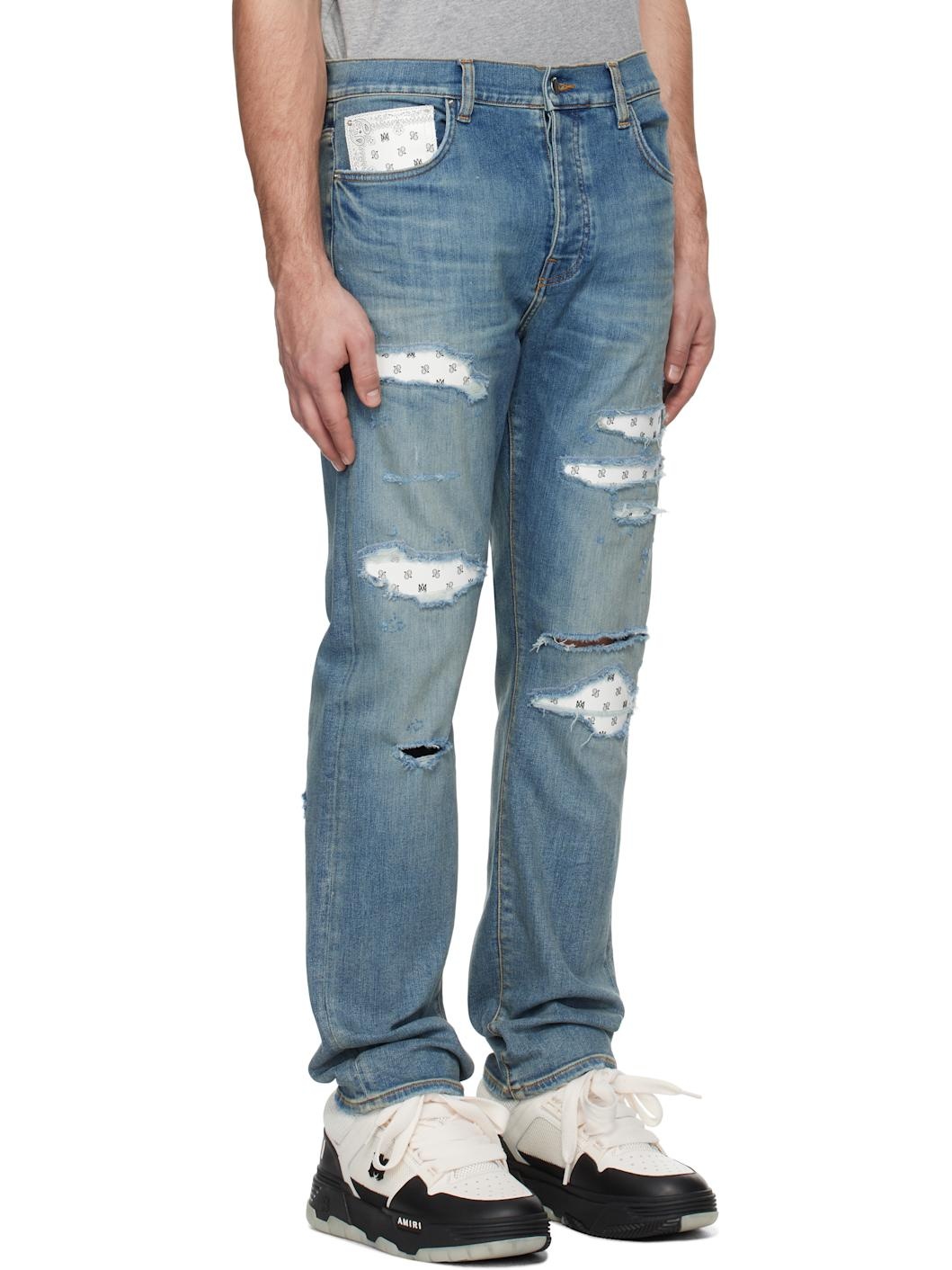 Blue Leather Bandana Repaired Slim Jeans - 2