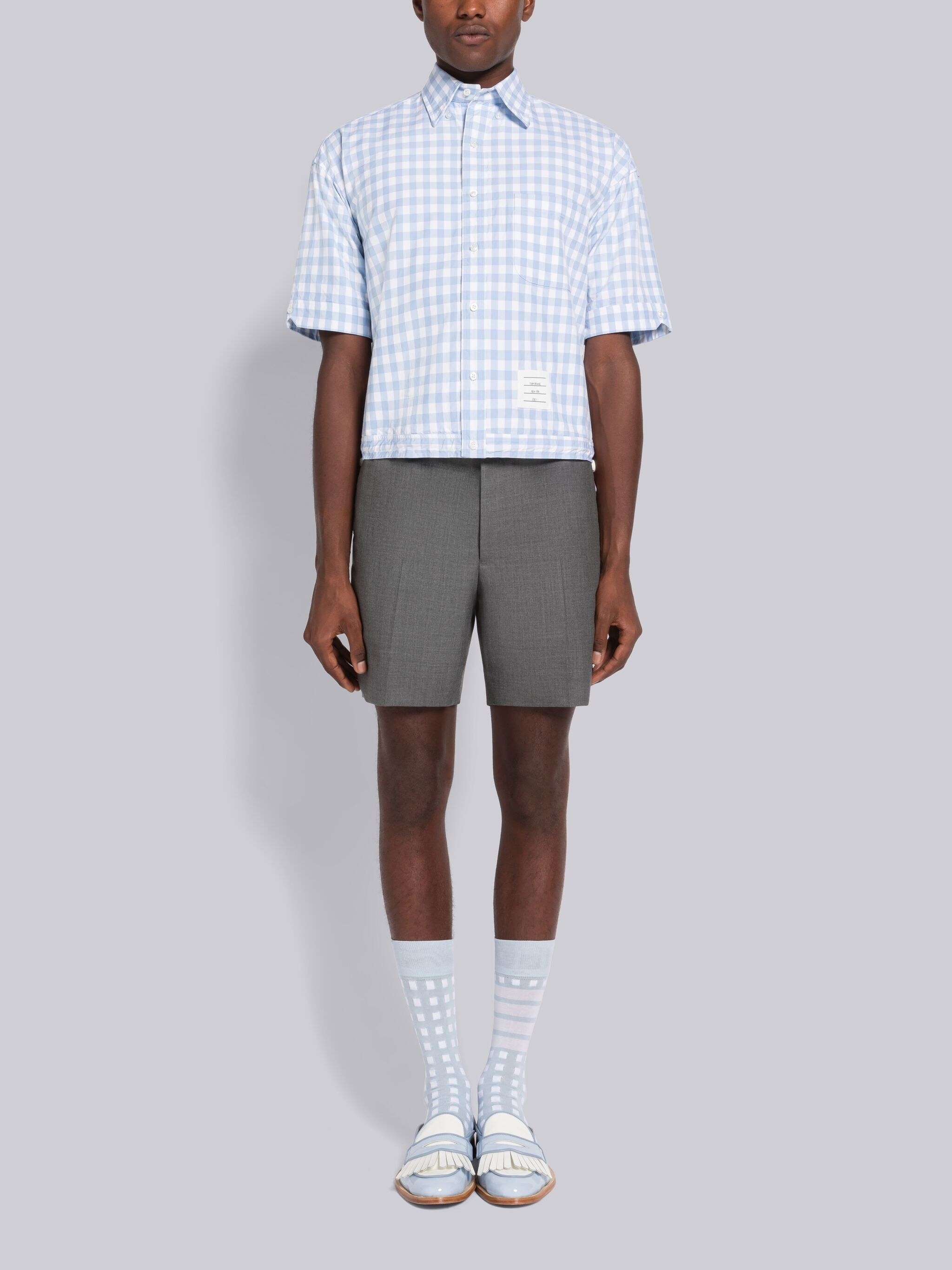Gingham Poplin Drawstring Hem Short Sleeve Shirt - 4