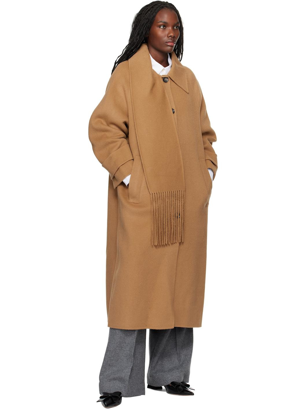 Tan Alpaca Fringe Scarf Long Coat - 4