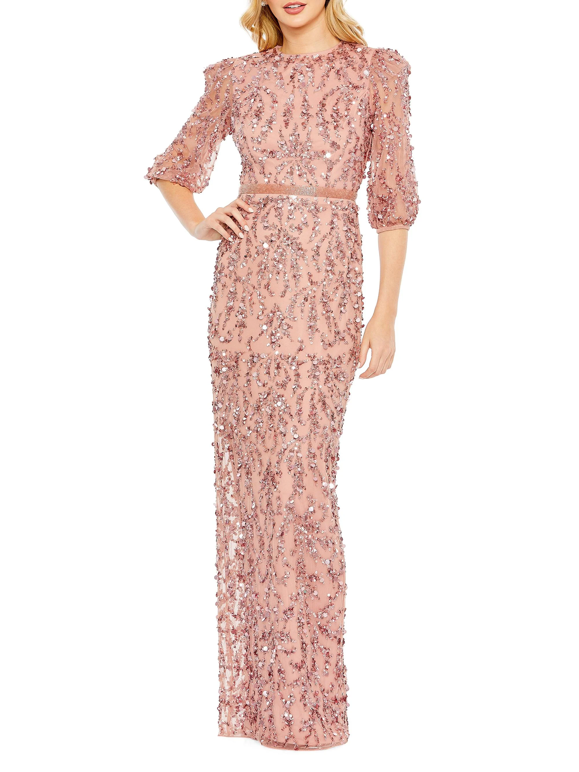 Women's Sequined Elbow-Sleeve Column Gown - Rosewood - 1