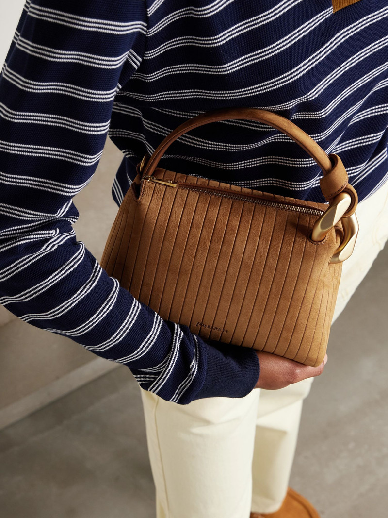 JW Anderson JWA Corner small chain-embellished ribbed nubuck shoulder bag Camel outlook