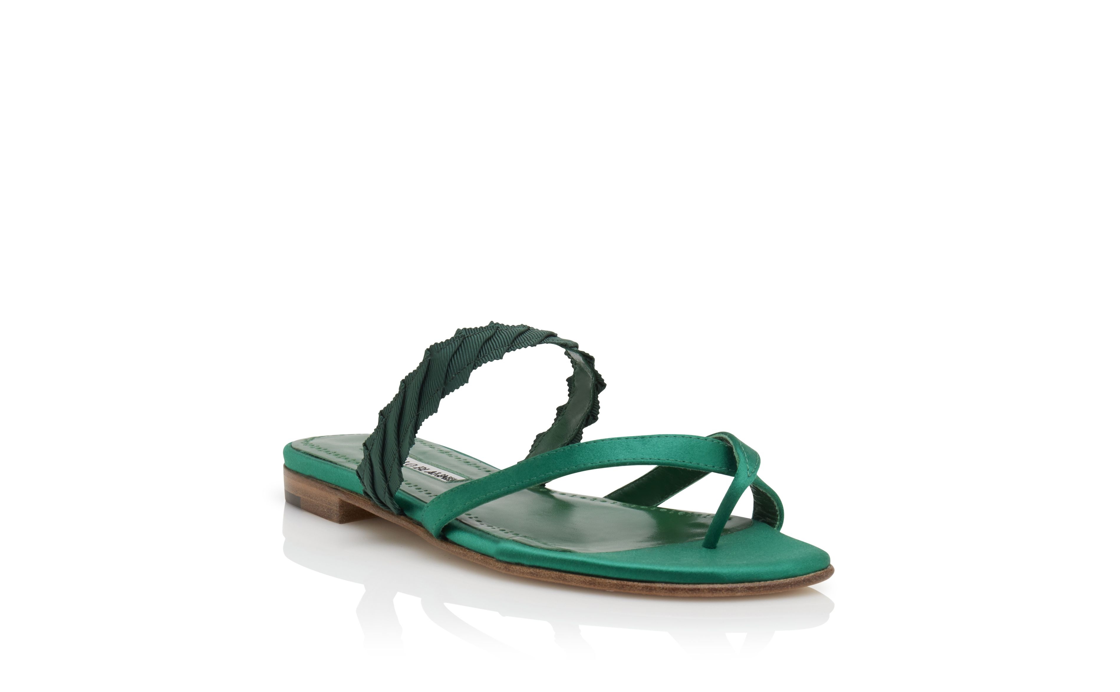 Green Satin Flat Sandals - 3