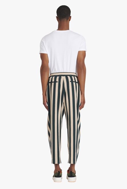 Sand-colored and dark green striped eco-designed cotton pleated pants - 3