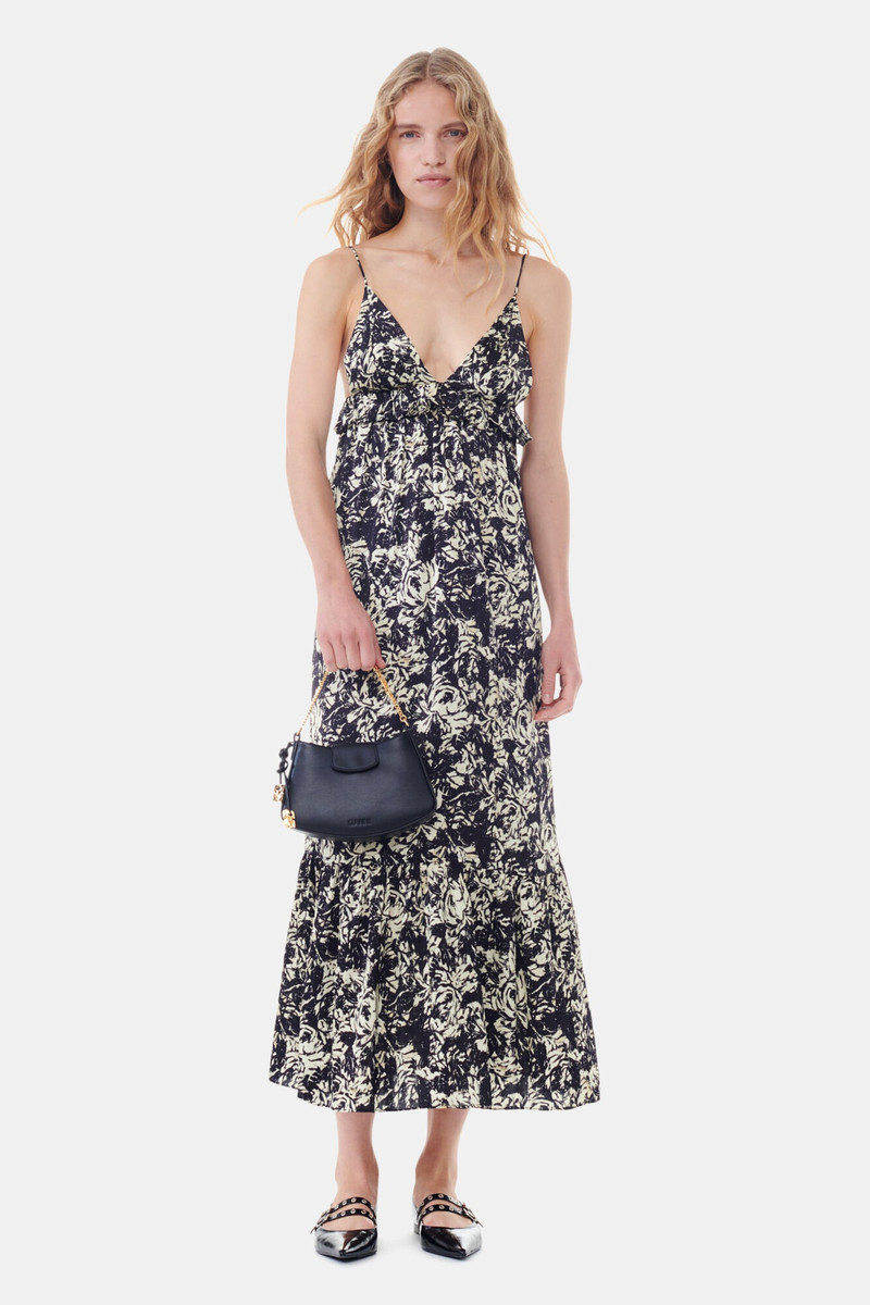 GANNI PRINTED SATIN STRAP DRESS outlook