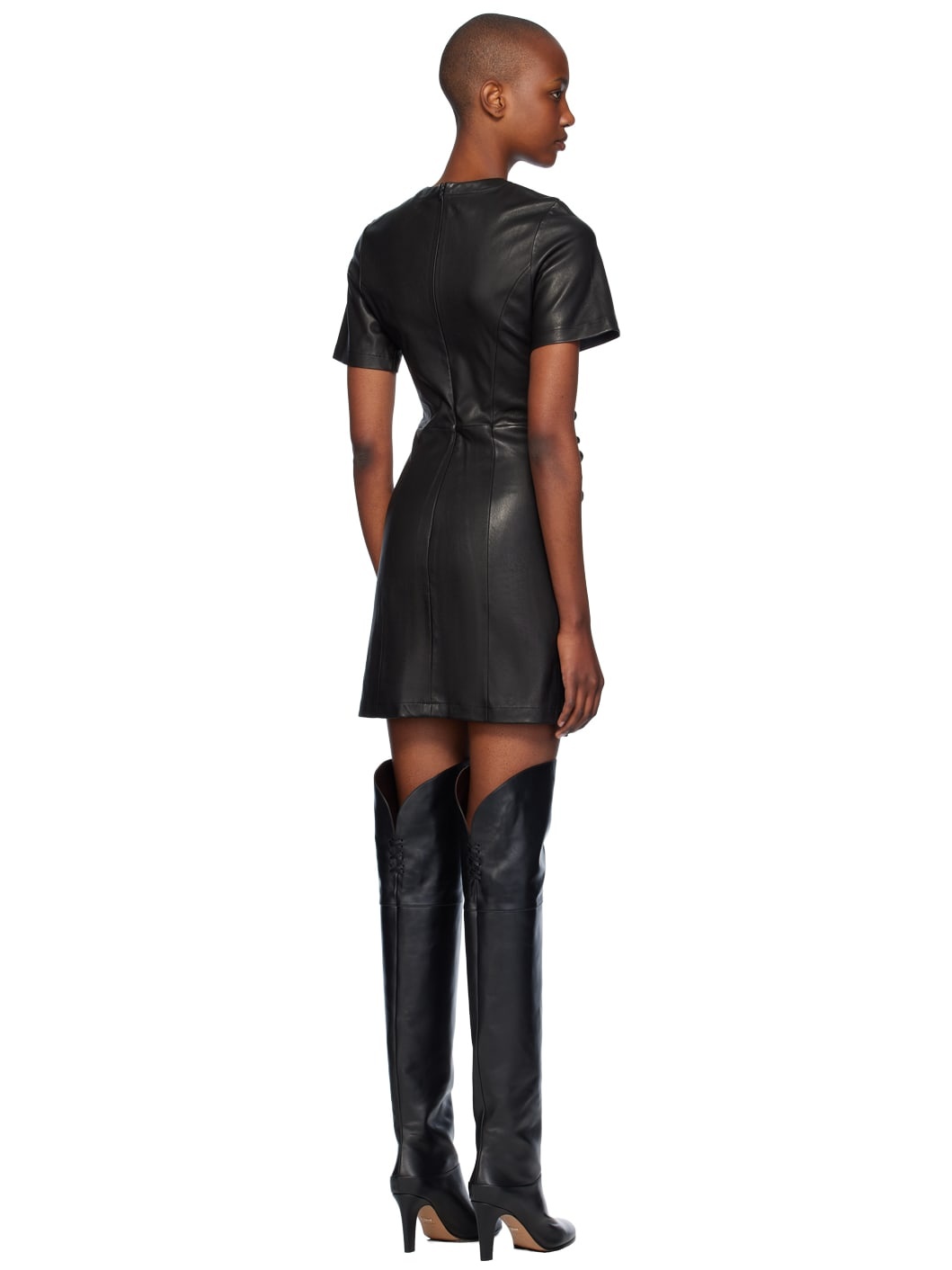Black Gathered Leather Minidress - 3
