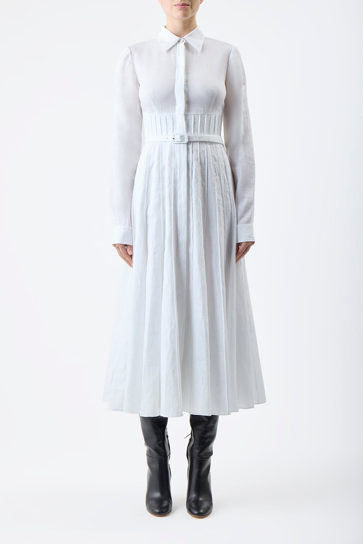 Dewi Pleated Dress in White Aloe Linen - 3