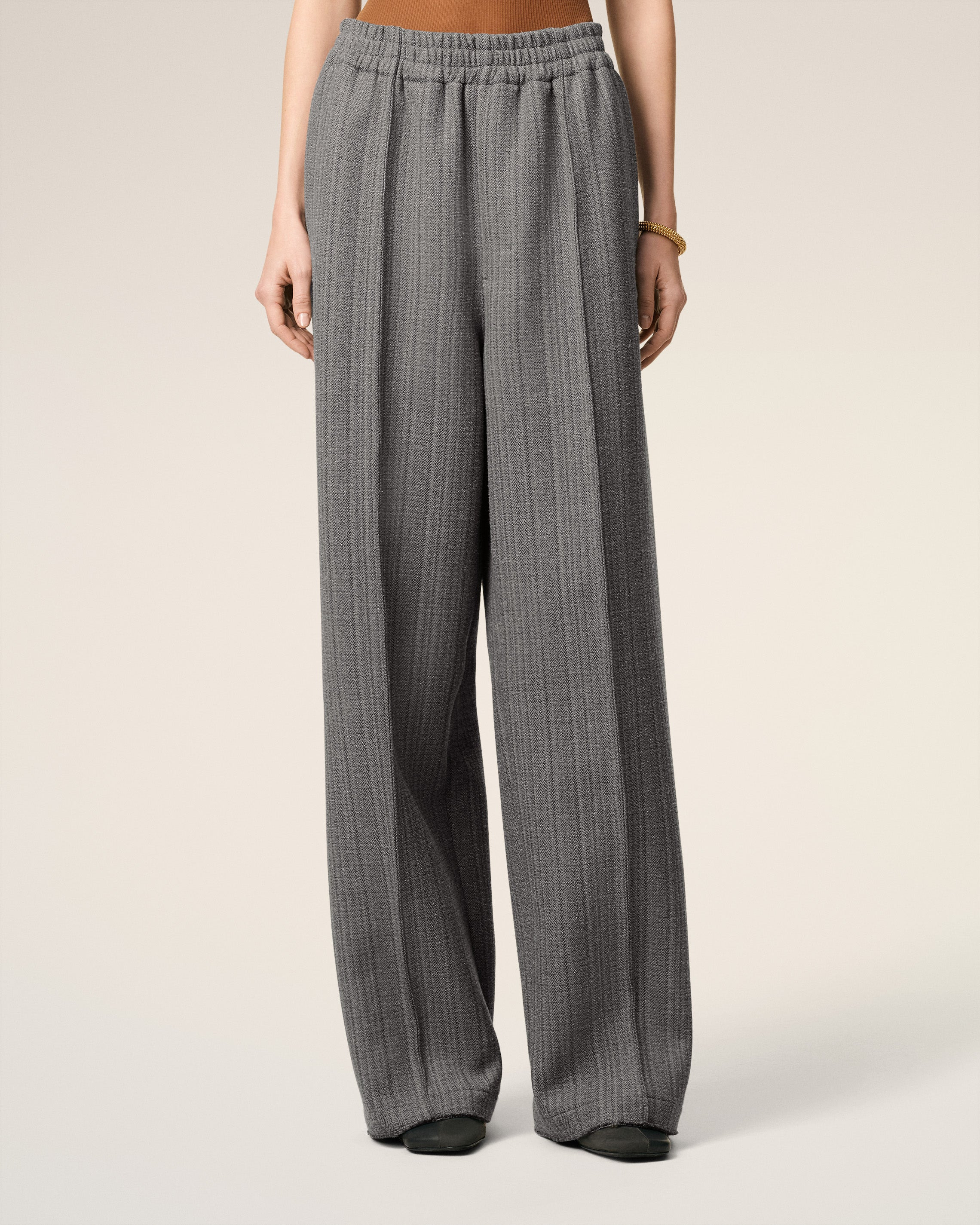 GREY WOOL HERRINGBONE ELASTICATED TROUSERS - 3
