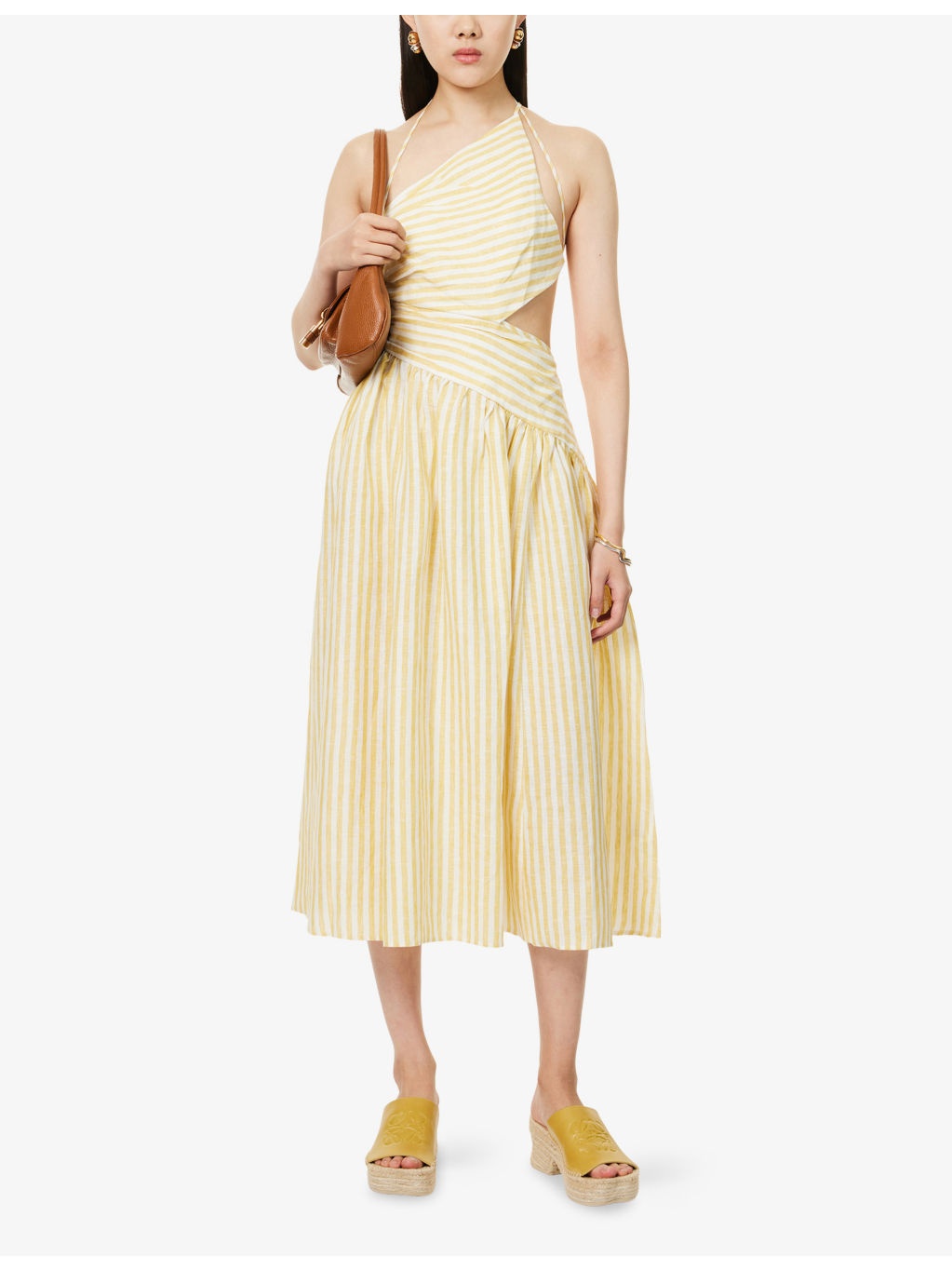 Stripe-Print Asymmetric Linen Midi Dress - 2