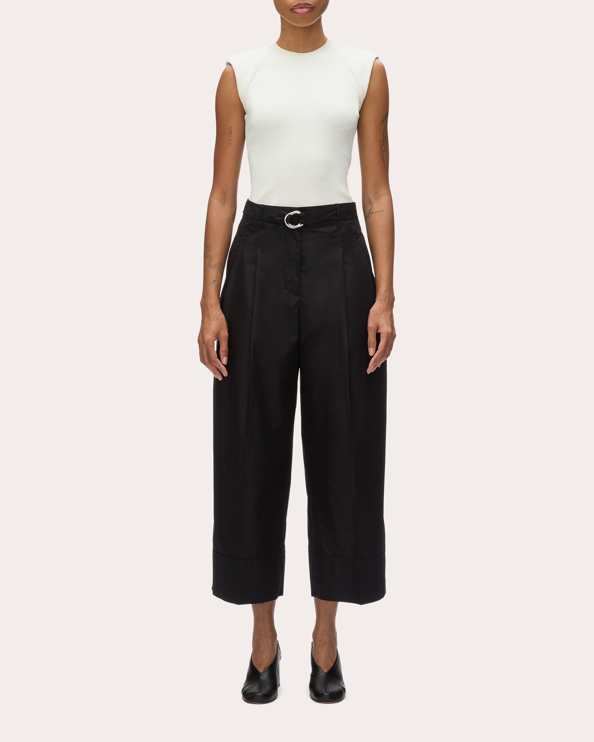 Poplin Double Pleat Wide Cropped Pants - 4