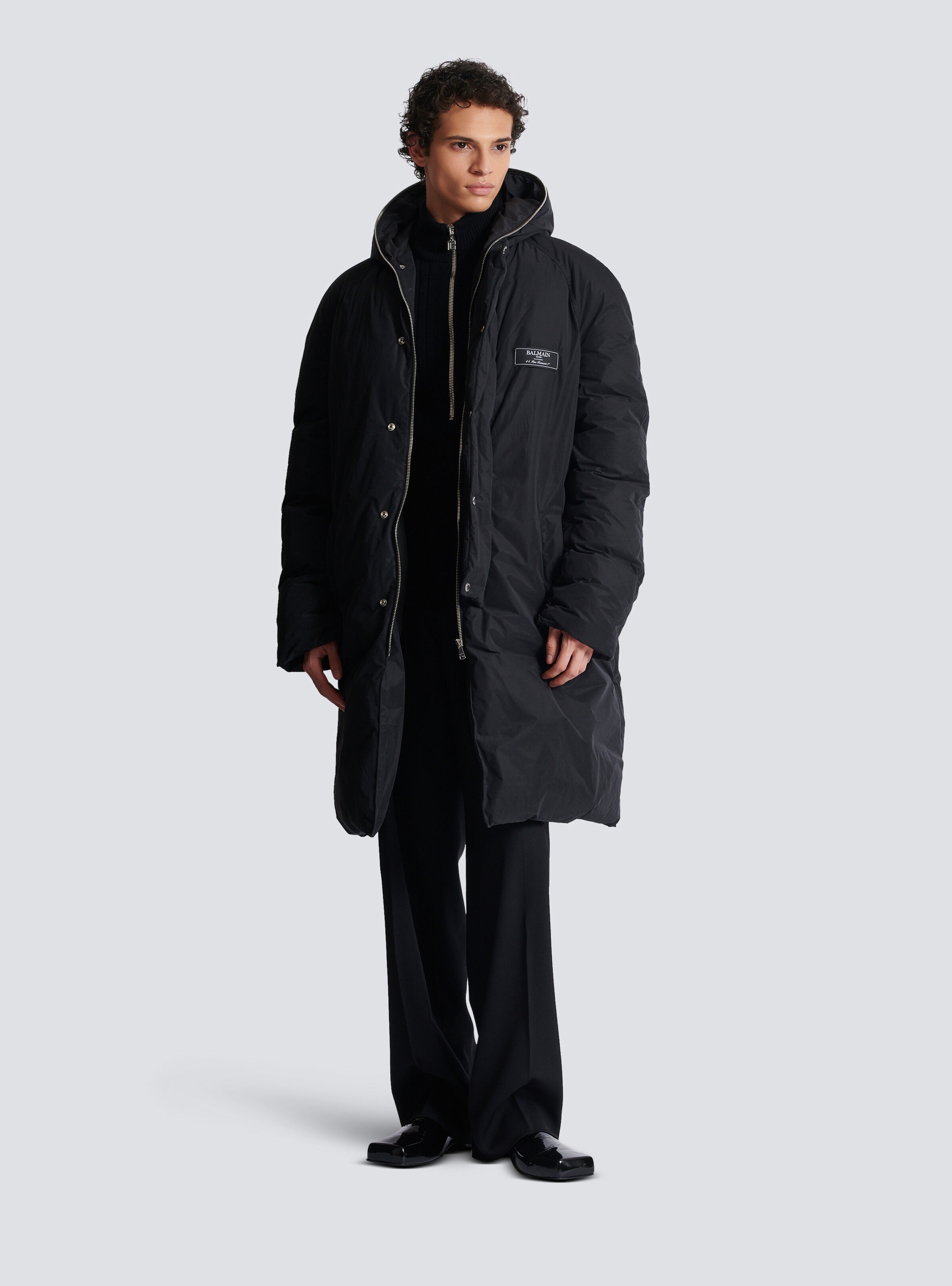 Long down nylon jacket with Balmain label - 2