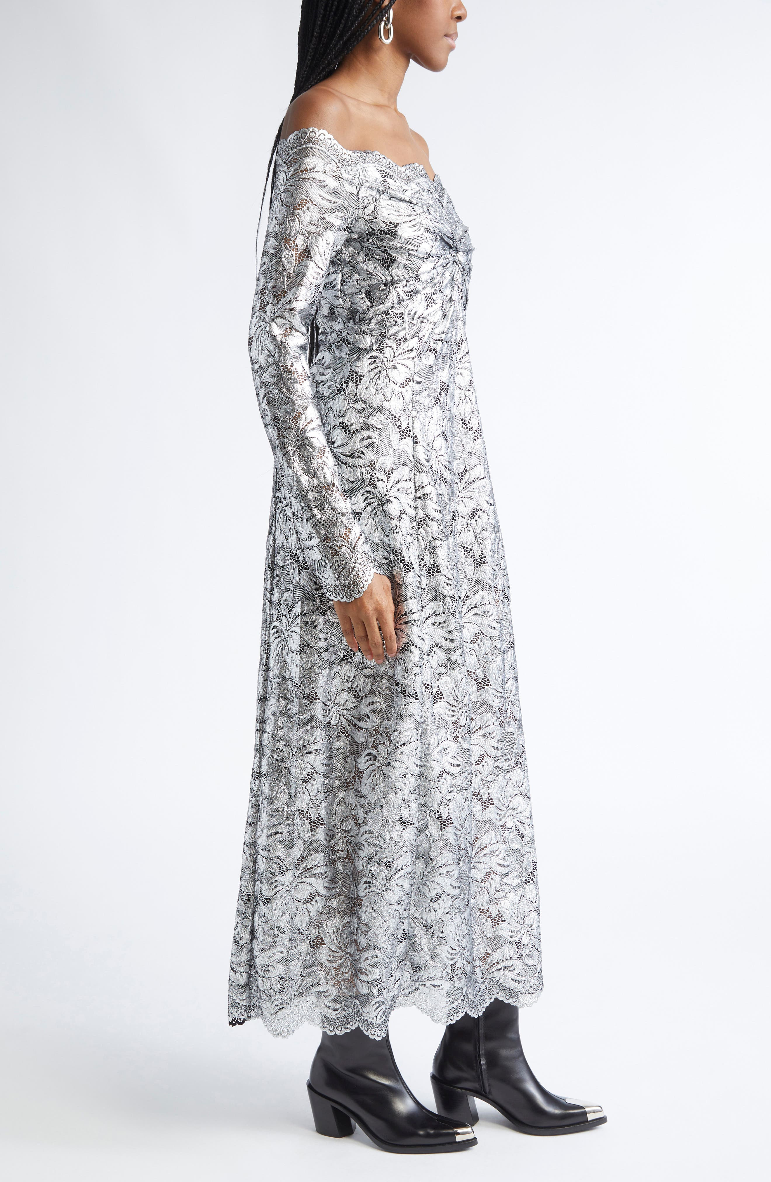 Rabanne Metallic Long Sleeve Stretch Lace Dress in Black /Silver at Nordstrom - 3