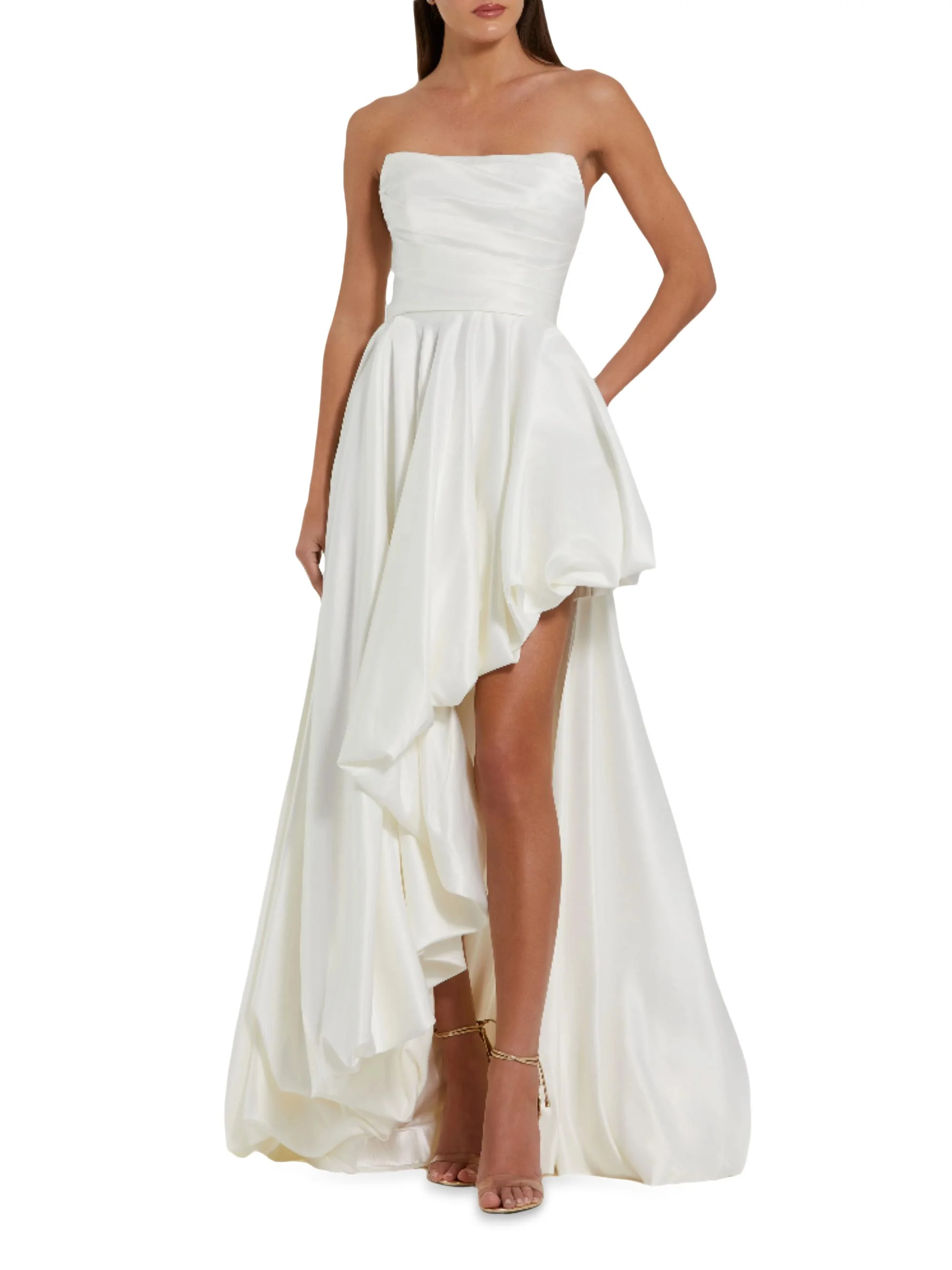 Women's Strapless High-Low Satin Gown - White - 1