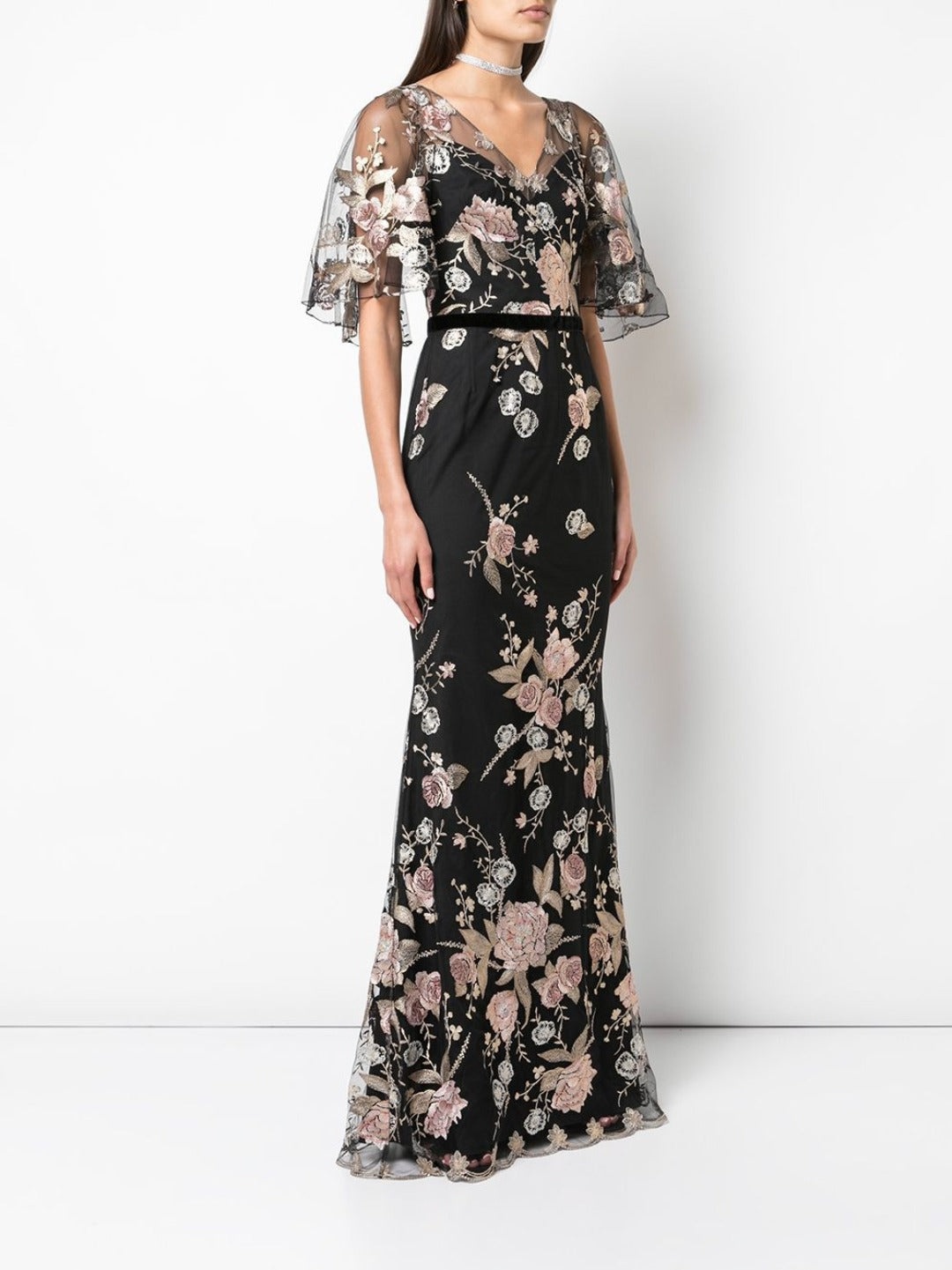 CAPE SLEEVE FLORAL EMBROIDERED MERMAID GOWN - 2