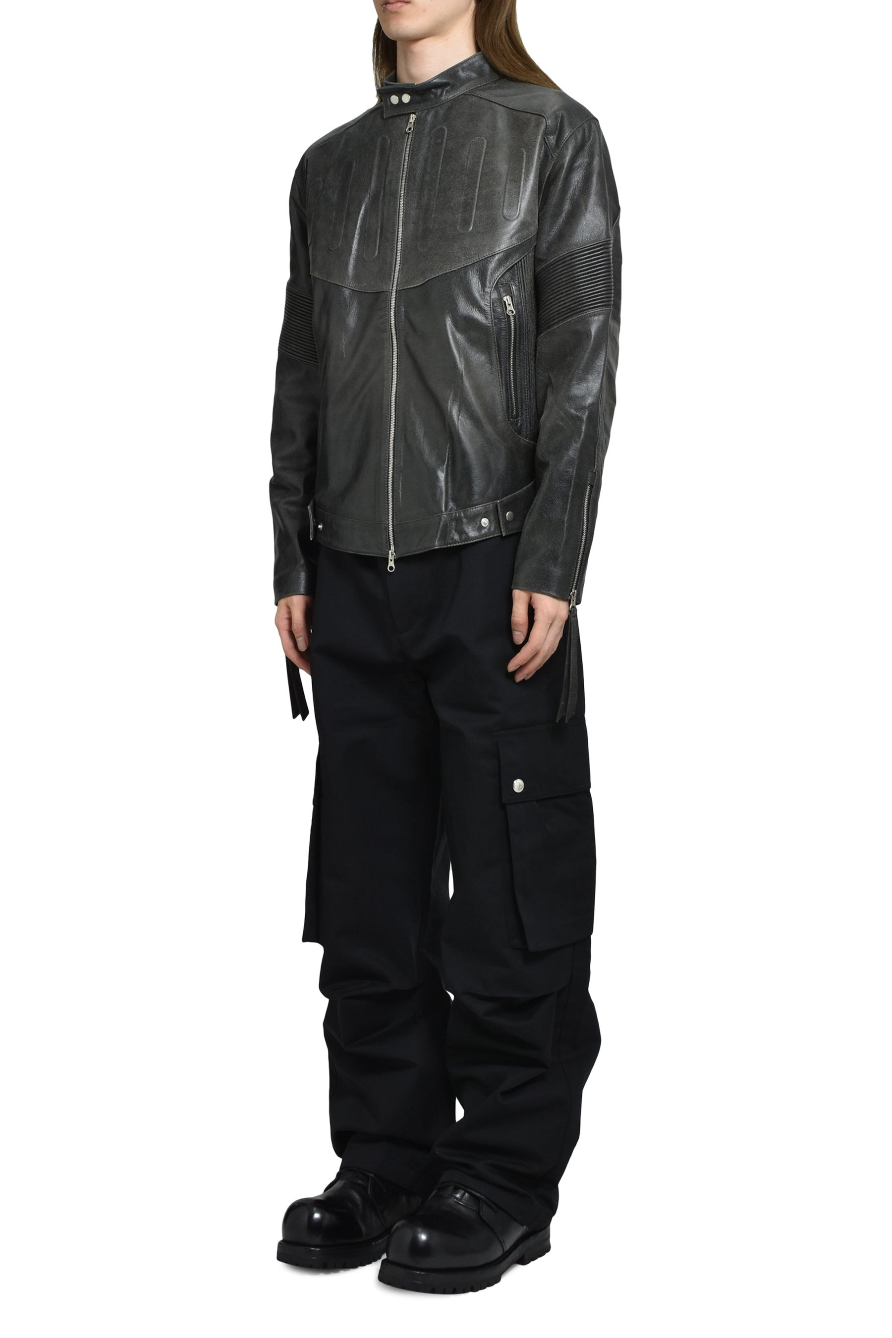 EMBOSSED LEATHER BIKER JACKET / BLK - 4