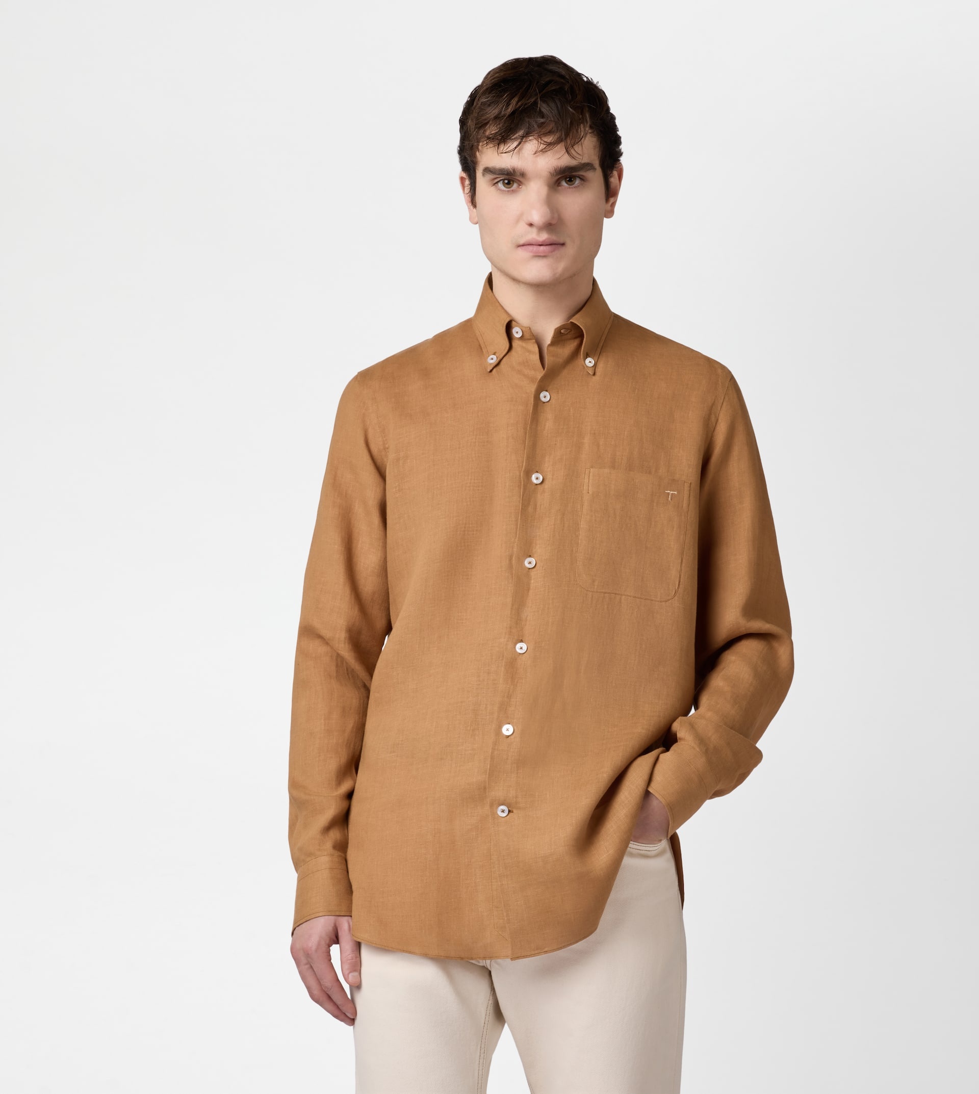 BUTTON DOWN SHIRT IN LINEN - ORANGE - 2