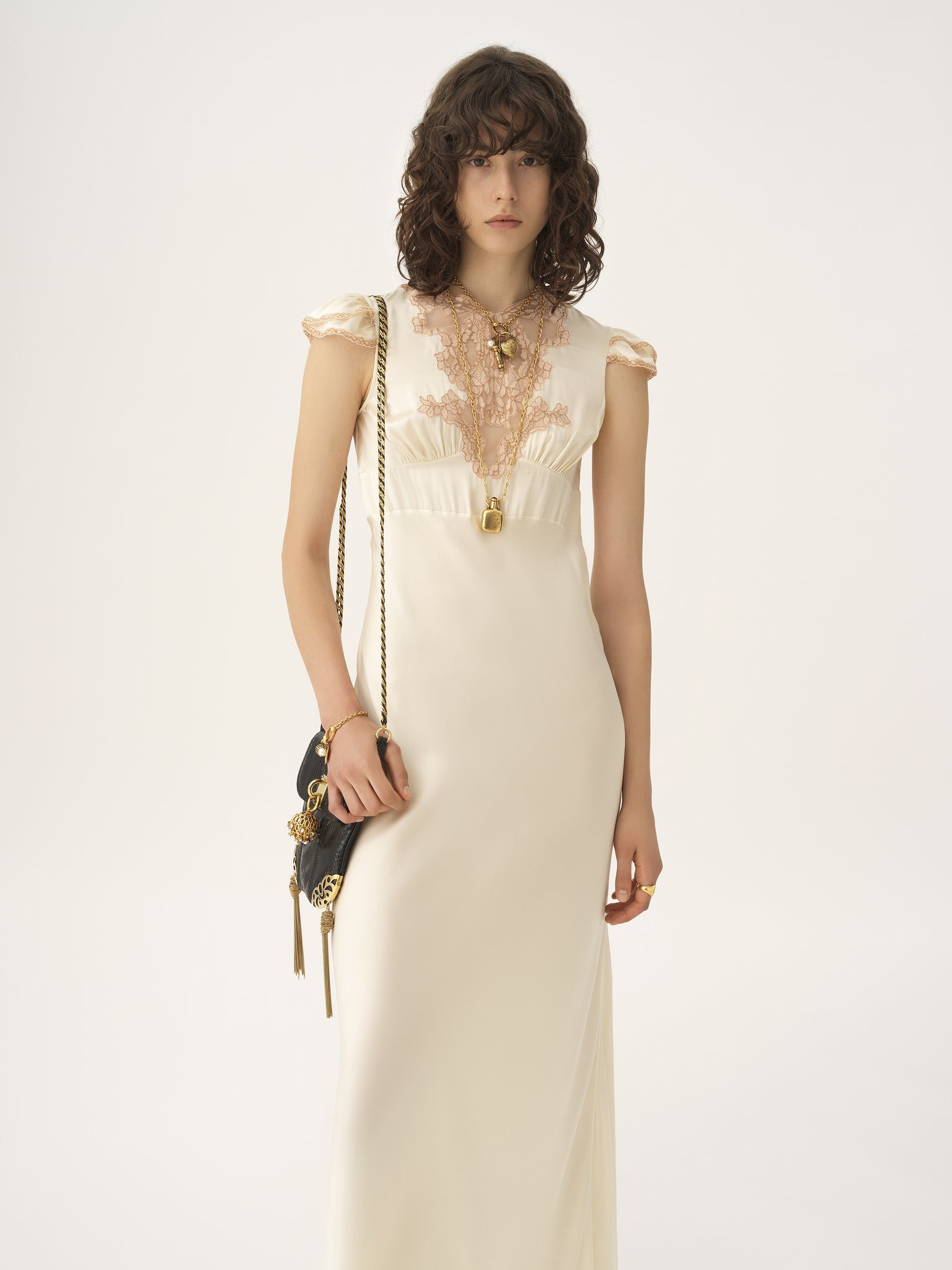 CAP-SLEEVE COLUMN DRESS IN WASHED SILK SATIN & LACE - 4