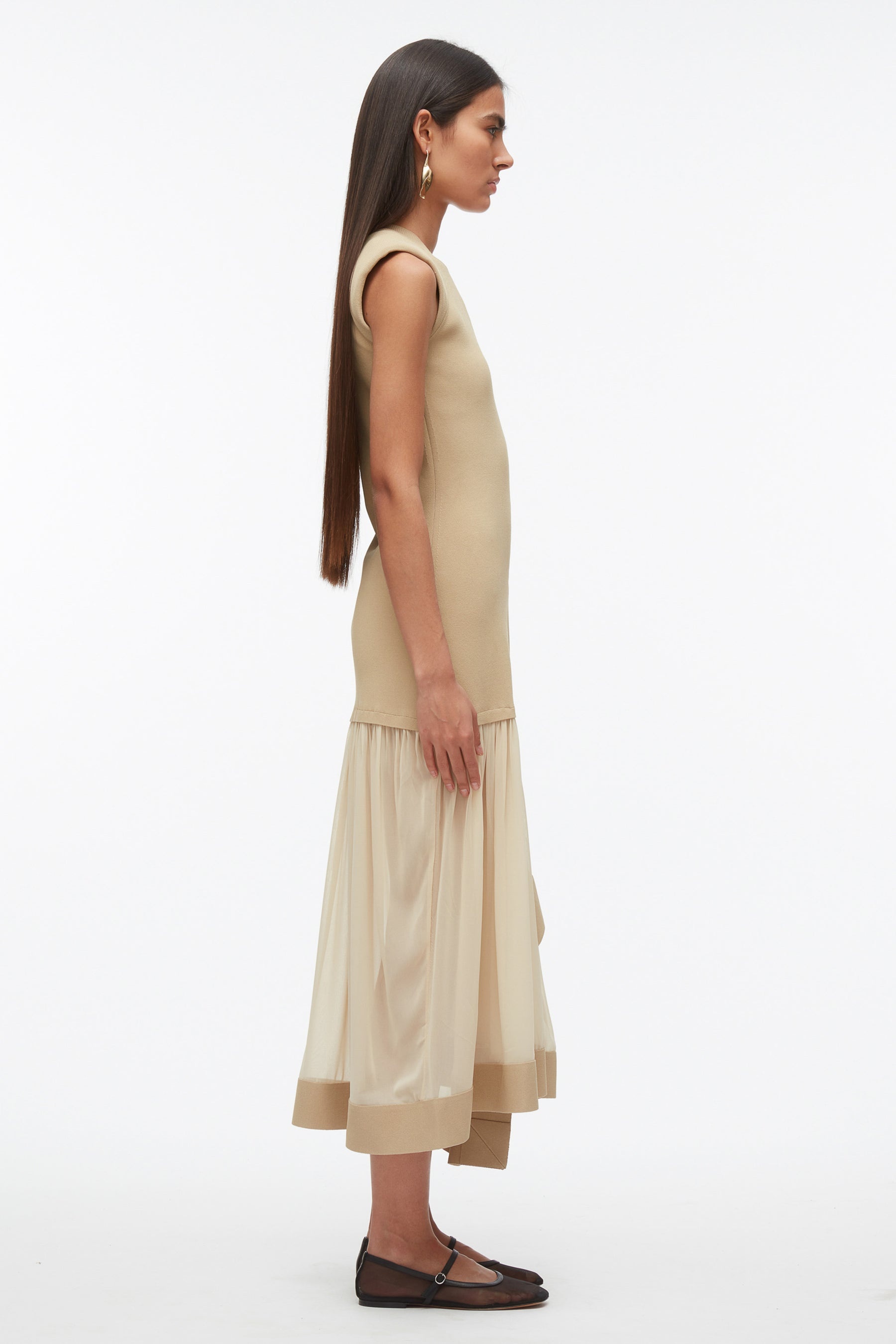 Compact Rib Dress with Chiffon Skirt - 3