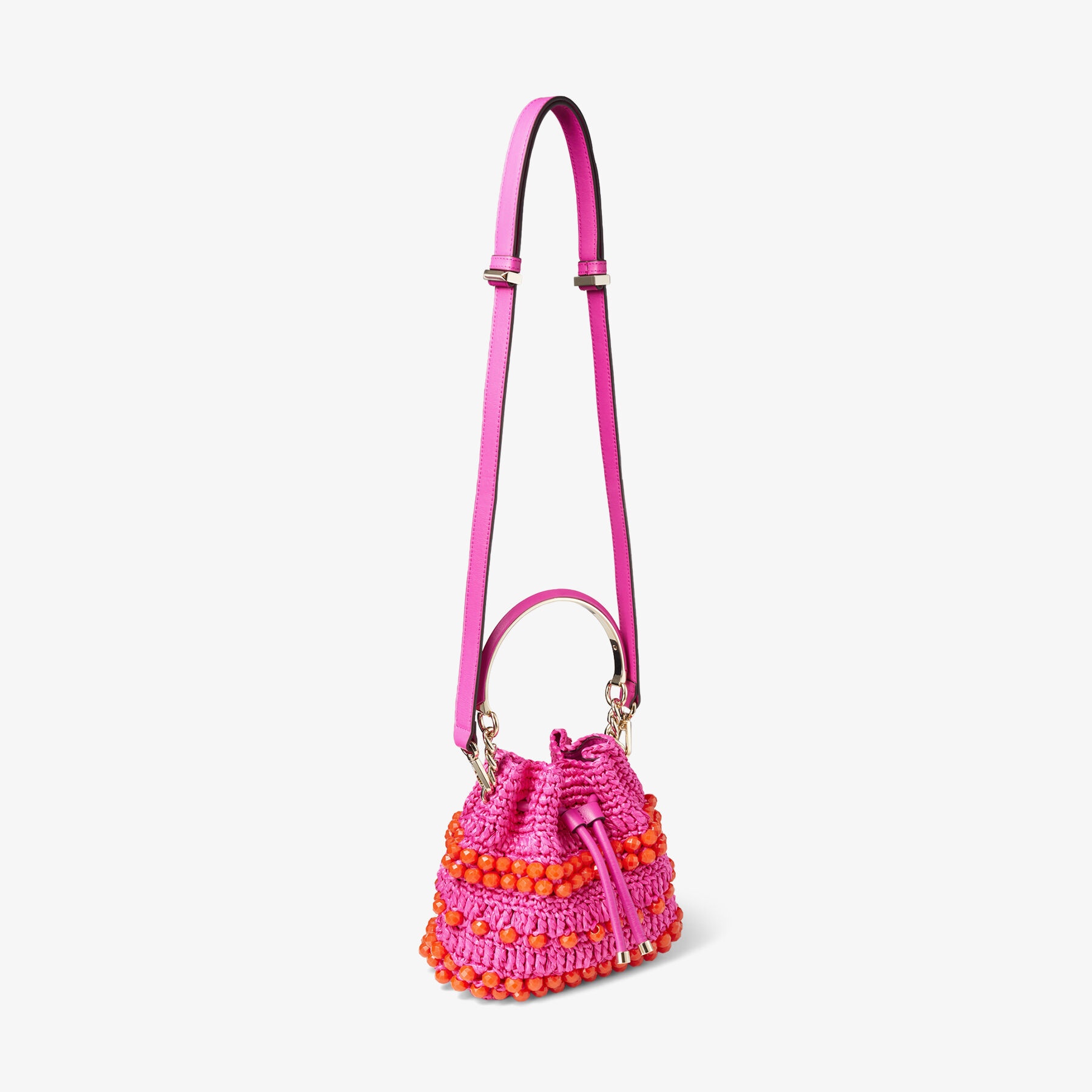 Bon Bon Bucket S
Fuchsia Beaded Raffia and Smooth Leather Tote Bag - 7