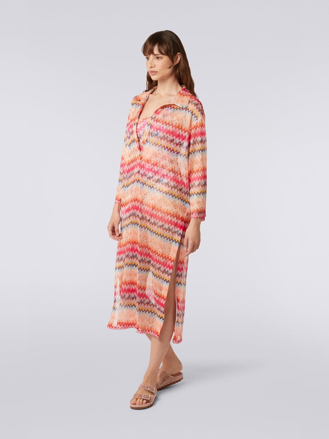 Long-sleeved long chevron viscose tulle cover up - 3