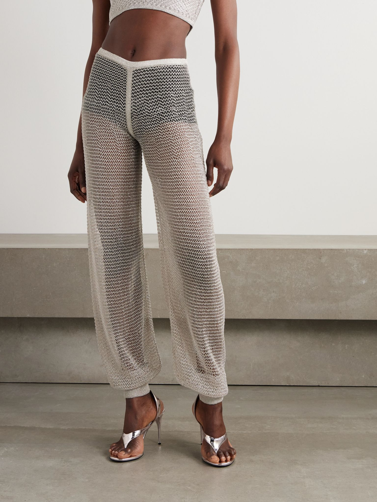Metallic open-knit wide-leg pants Silver - 3