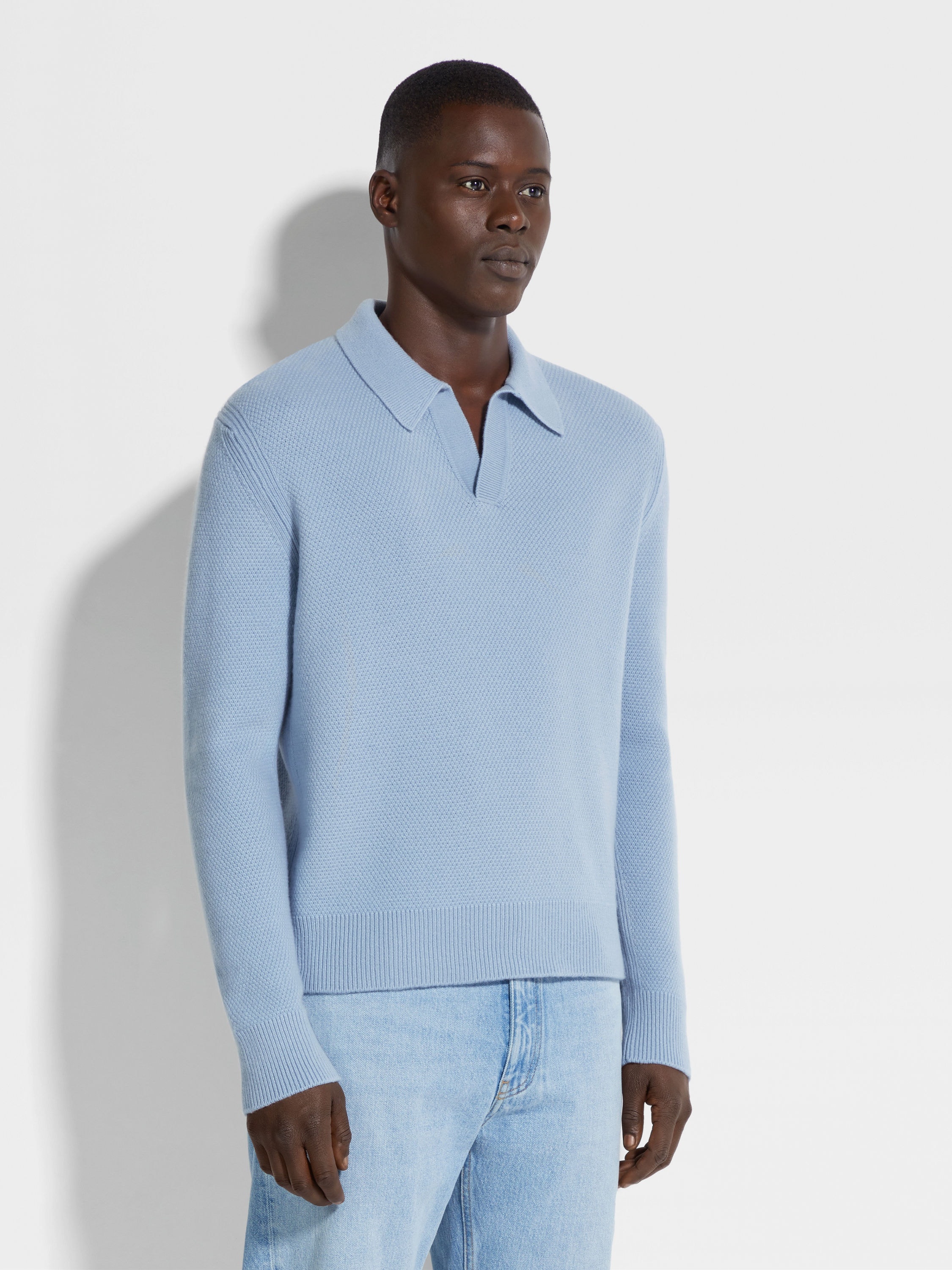 LIGHT BLUE MÉLANGE OASI CASHMERE POLO SHIRT - 4