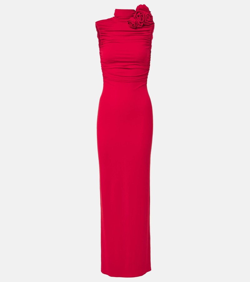 Floral-appliqué ruched jersey gown - 1