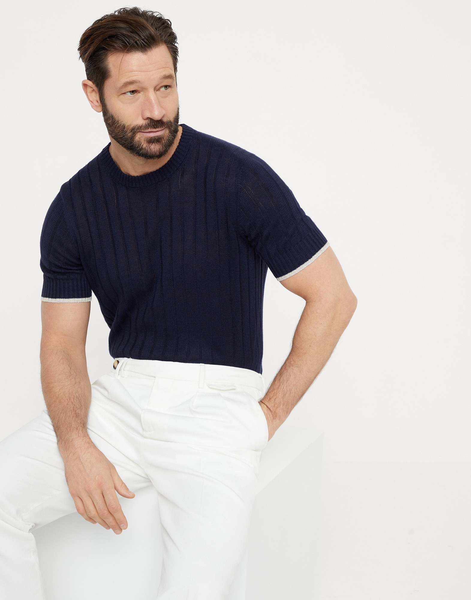 Linen and cotton flat rib knit T-shirt - 4
