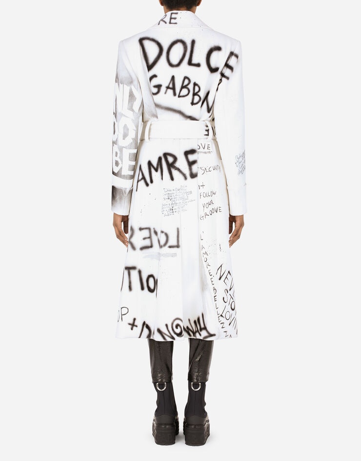 Belted double-breasted fabric coat with DG graffiti print - 2