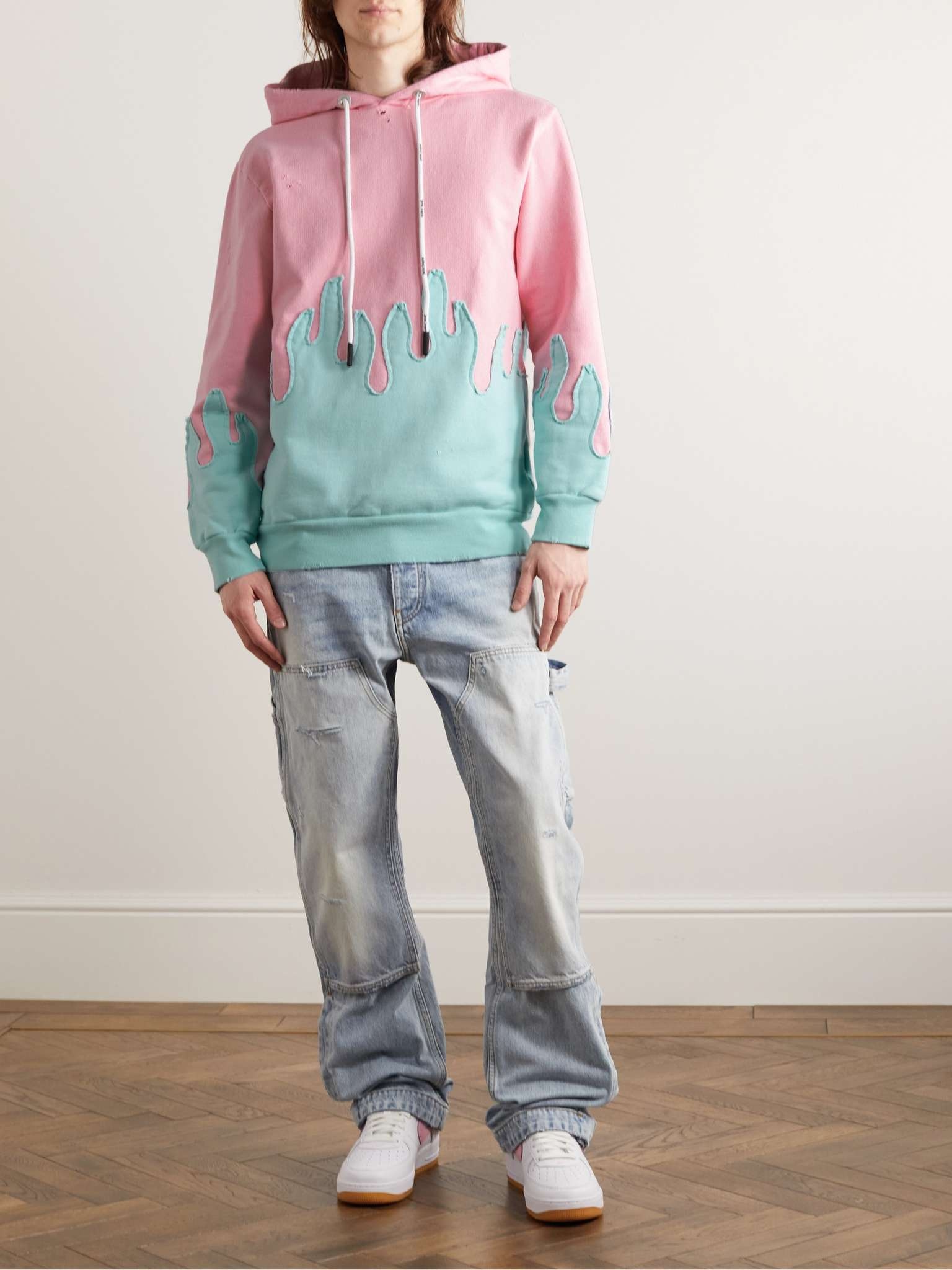 Logo-Print Distressed Two-Tone Cotton-Jersey Hoodie - 2