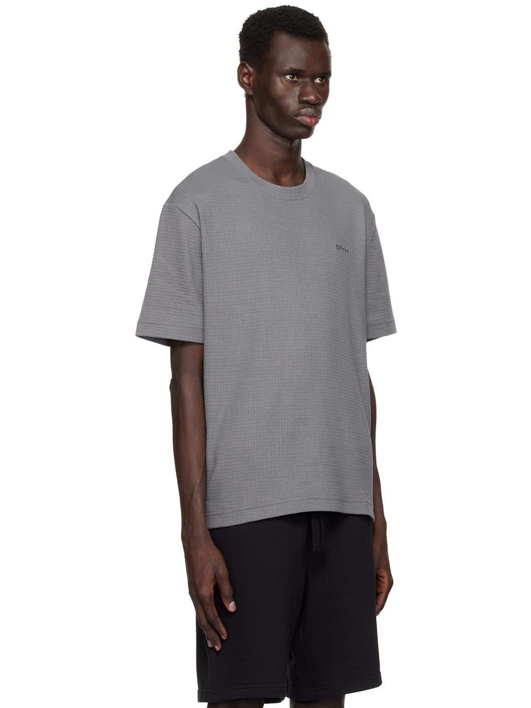 Gray Waffle-Structured Logo Embroidered T-shirt - 2