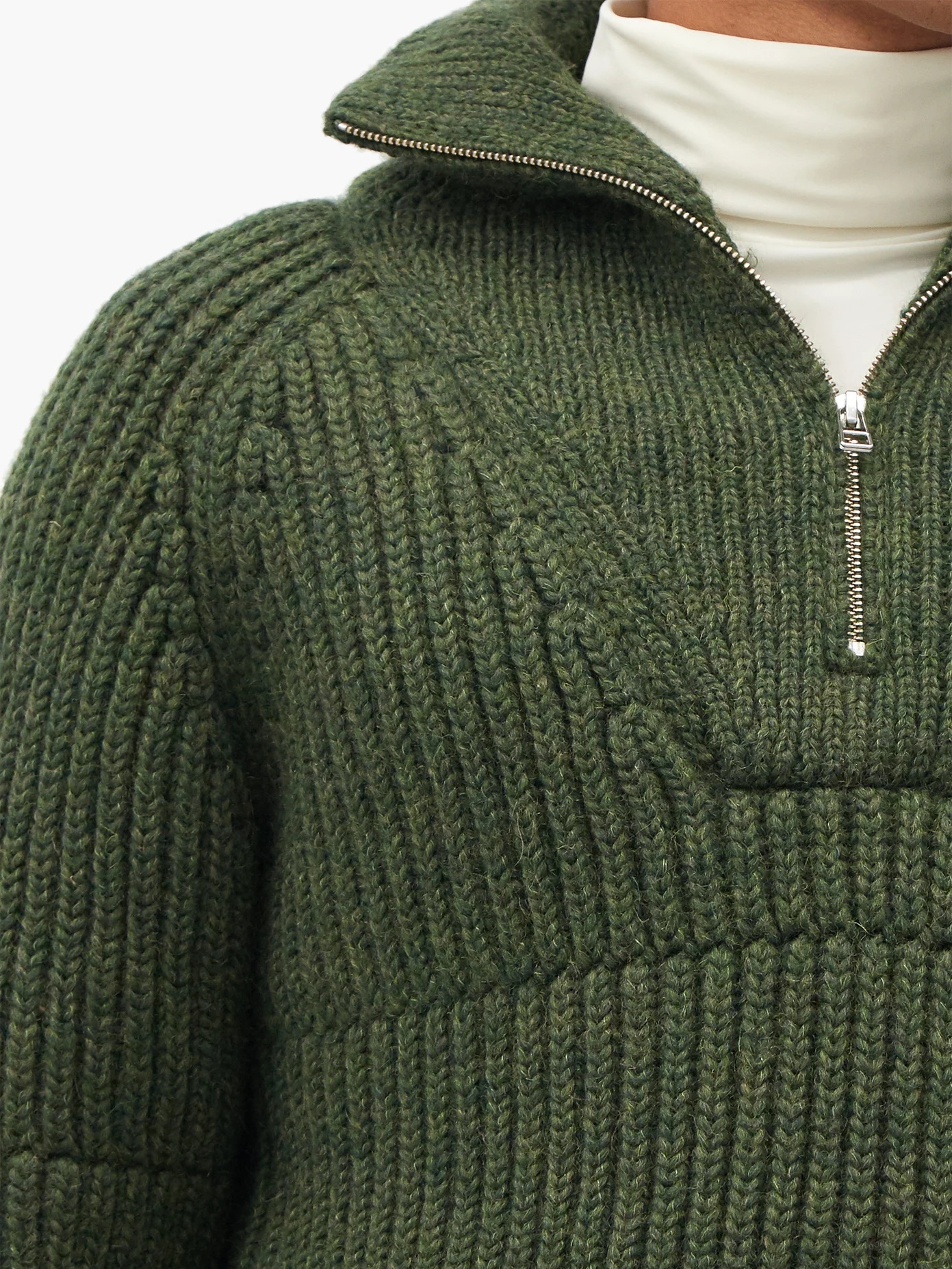 Olive half-zip ribbed wool-blend sweater - 3