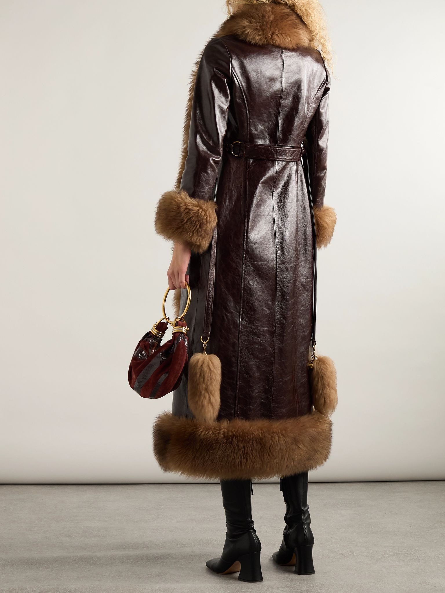 Fleece-trimmed belted leather coat Brown - 4