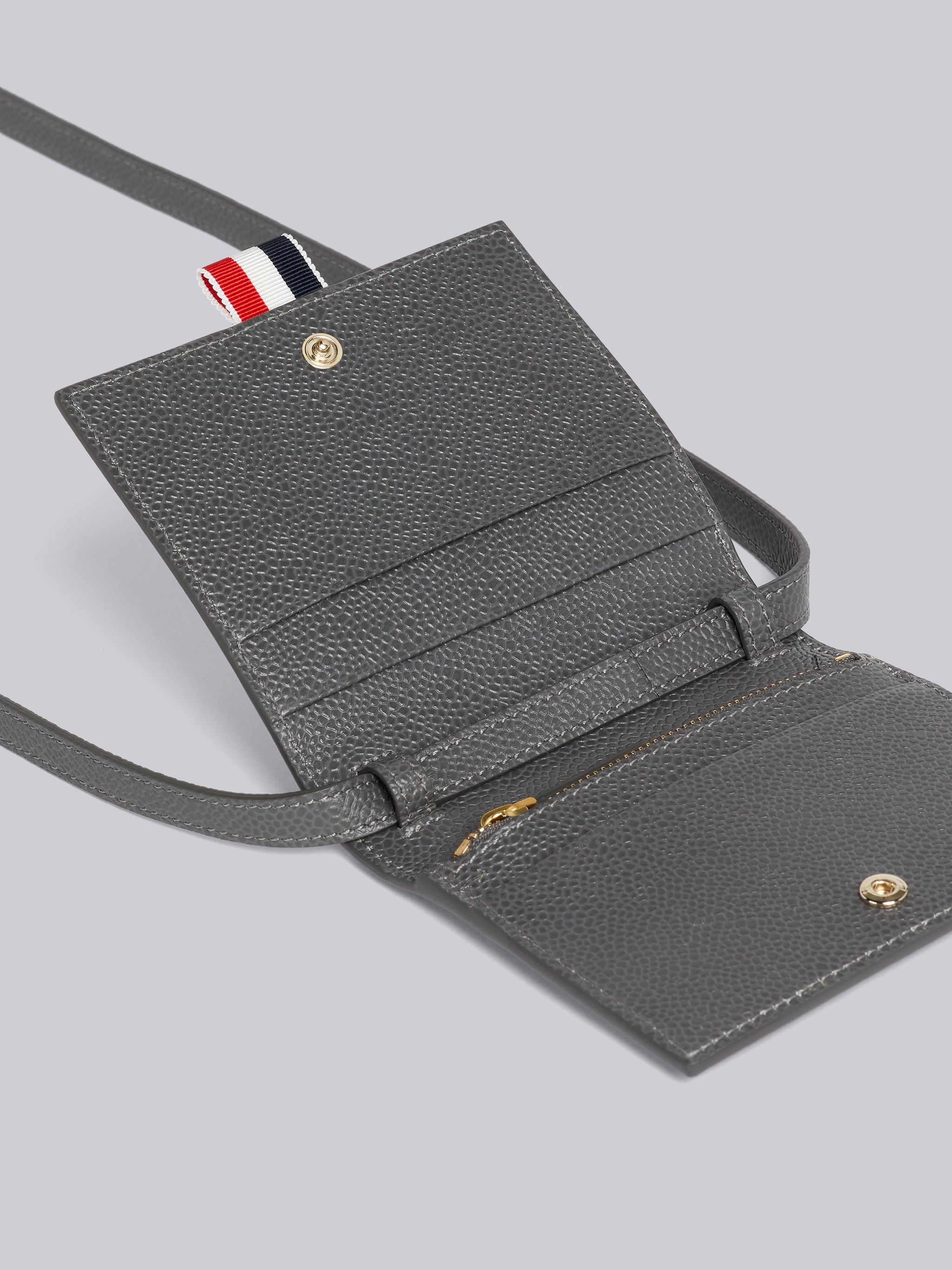 Dark Grey Pebble Grain Leather 3D Mrs. Thom Icon Print Bifold Cardholder With Shoulder Strap - 4