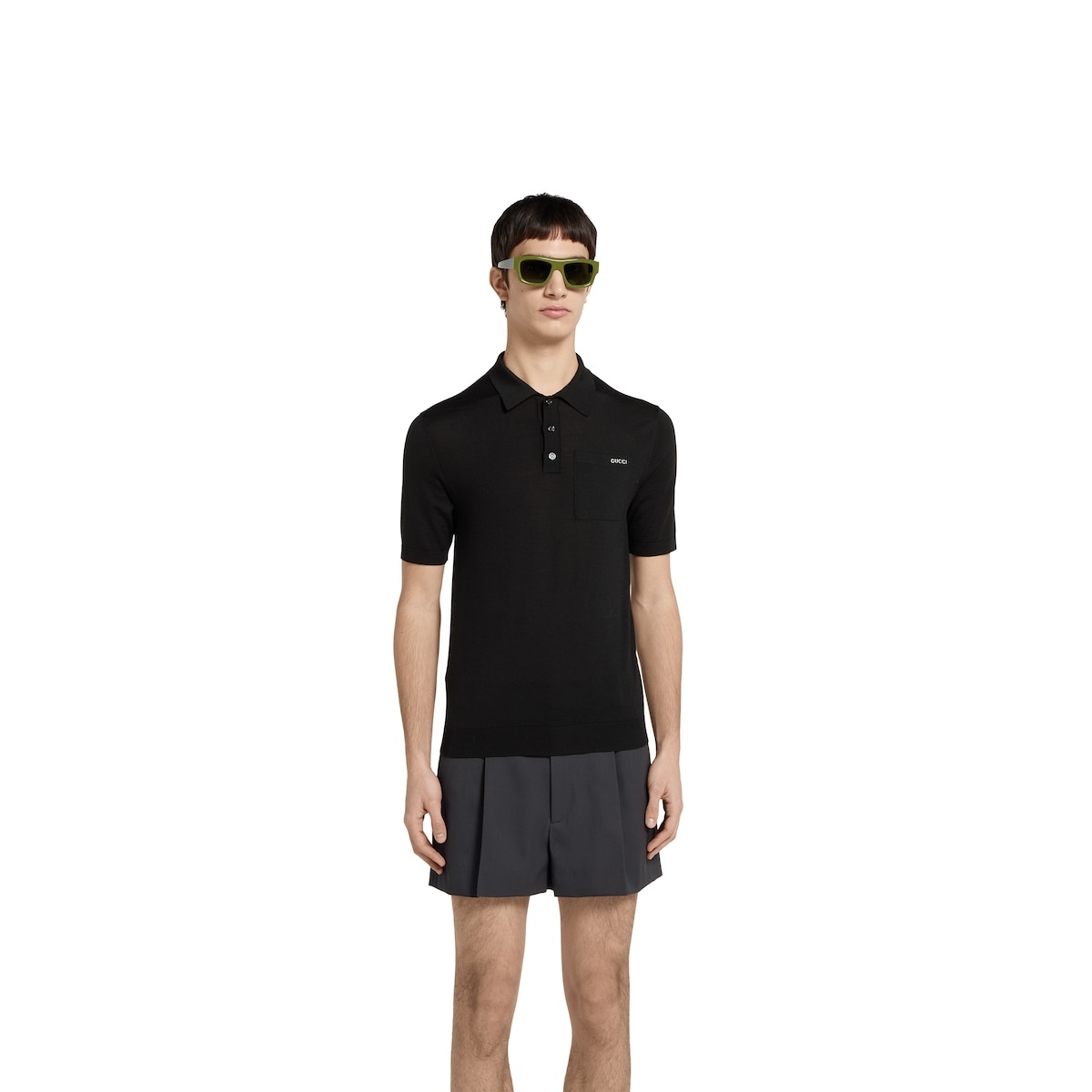 Fine wool knit polo top with intarsia - 3