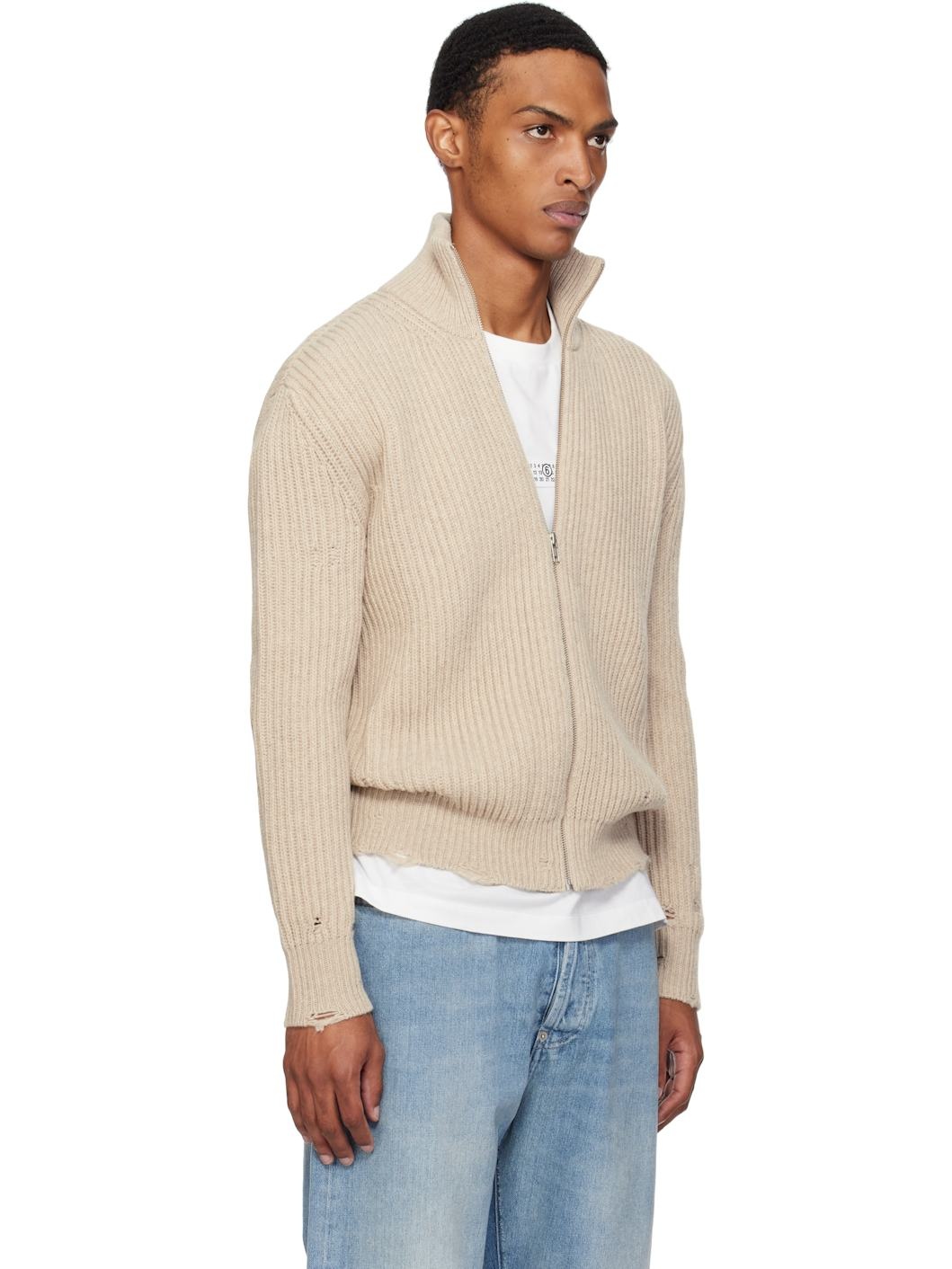 Beige Ribbed Knit Sweater - 2