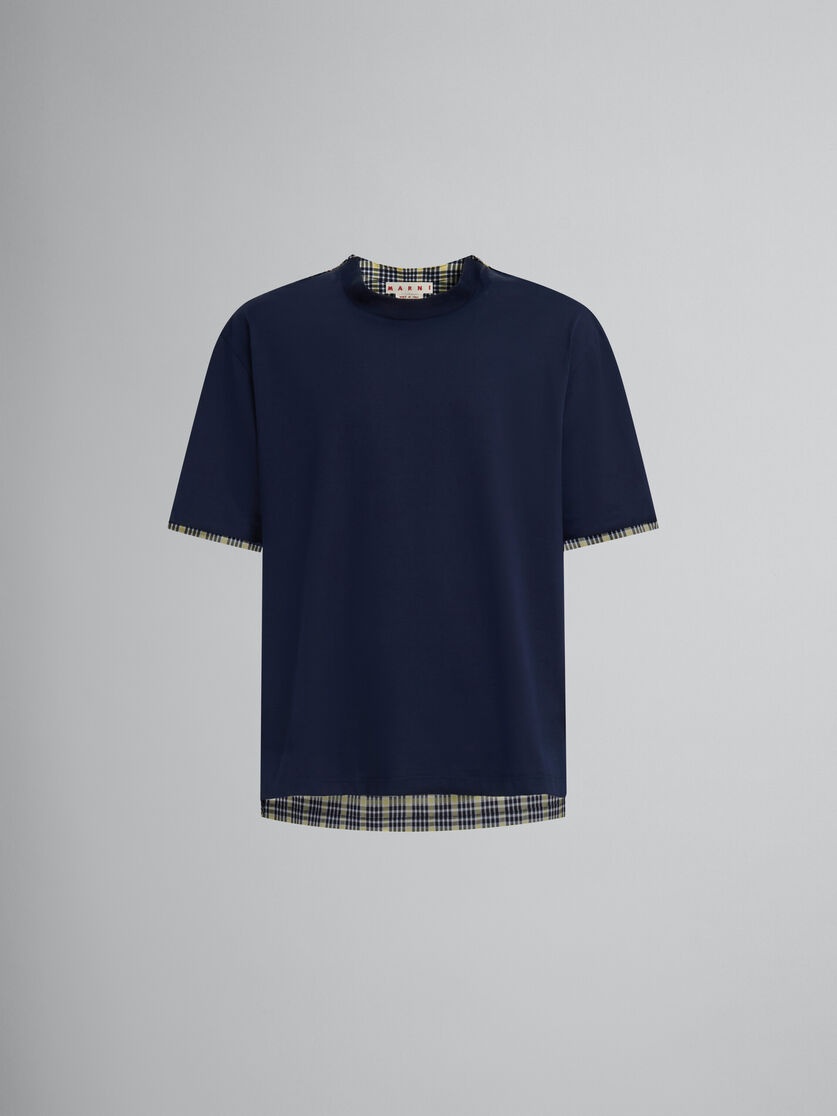 DEEP BLUE BIO COTTON T-SHIRT WITH CHECKED BACK - 1