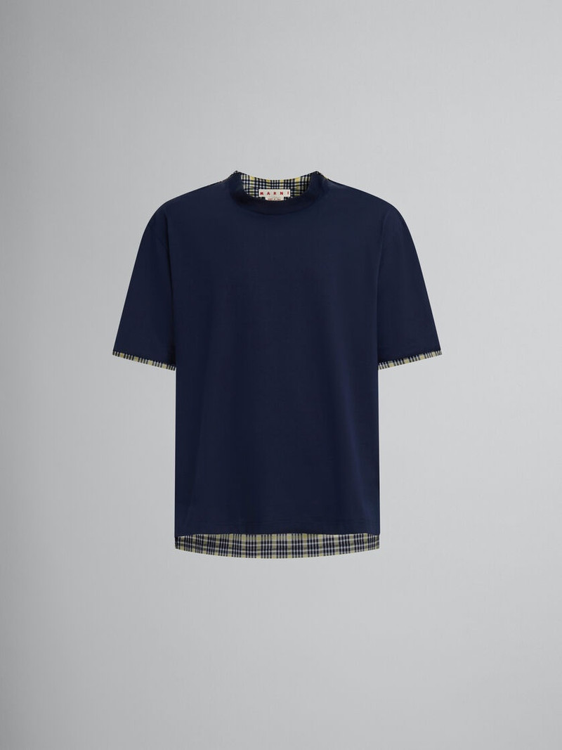 DEEP BLUE BIO COTTON T-SHIRT WITH CHECKED BACK 1