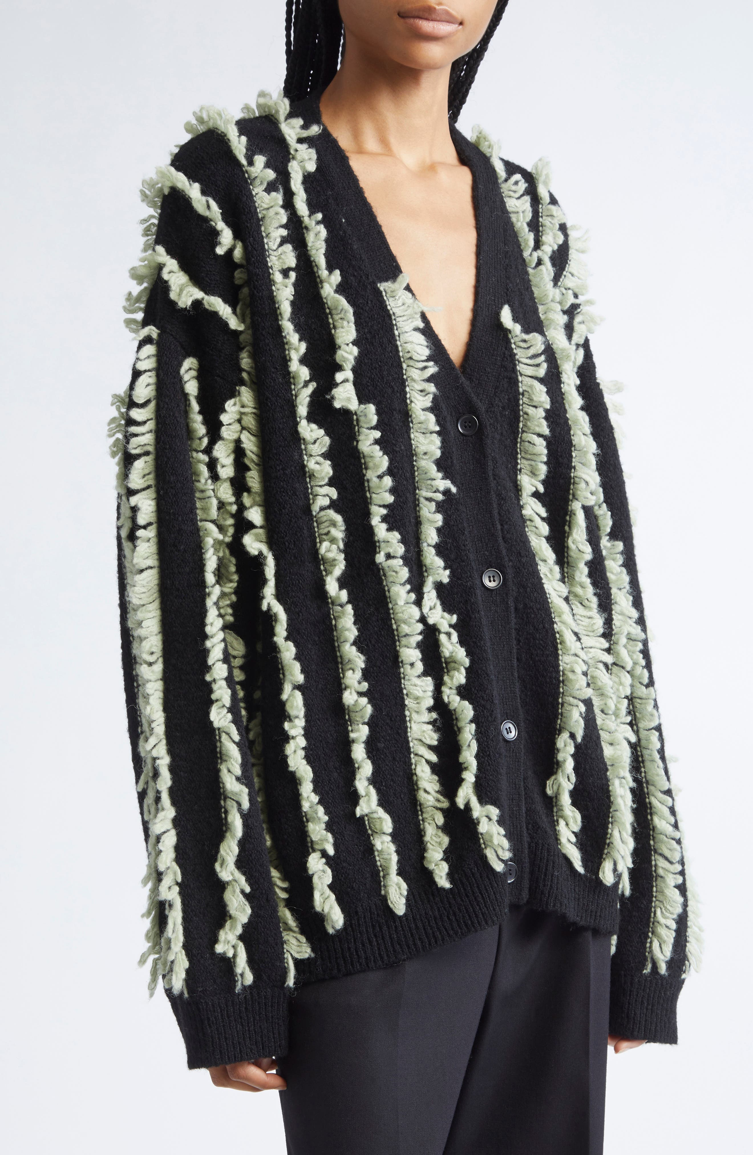 ZANKOV Joseph Fringe Stripe Merino Wool V-Neck Cardigan in Sage/Black Multi at Nordstrom - 4