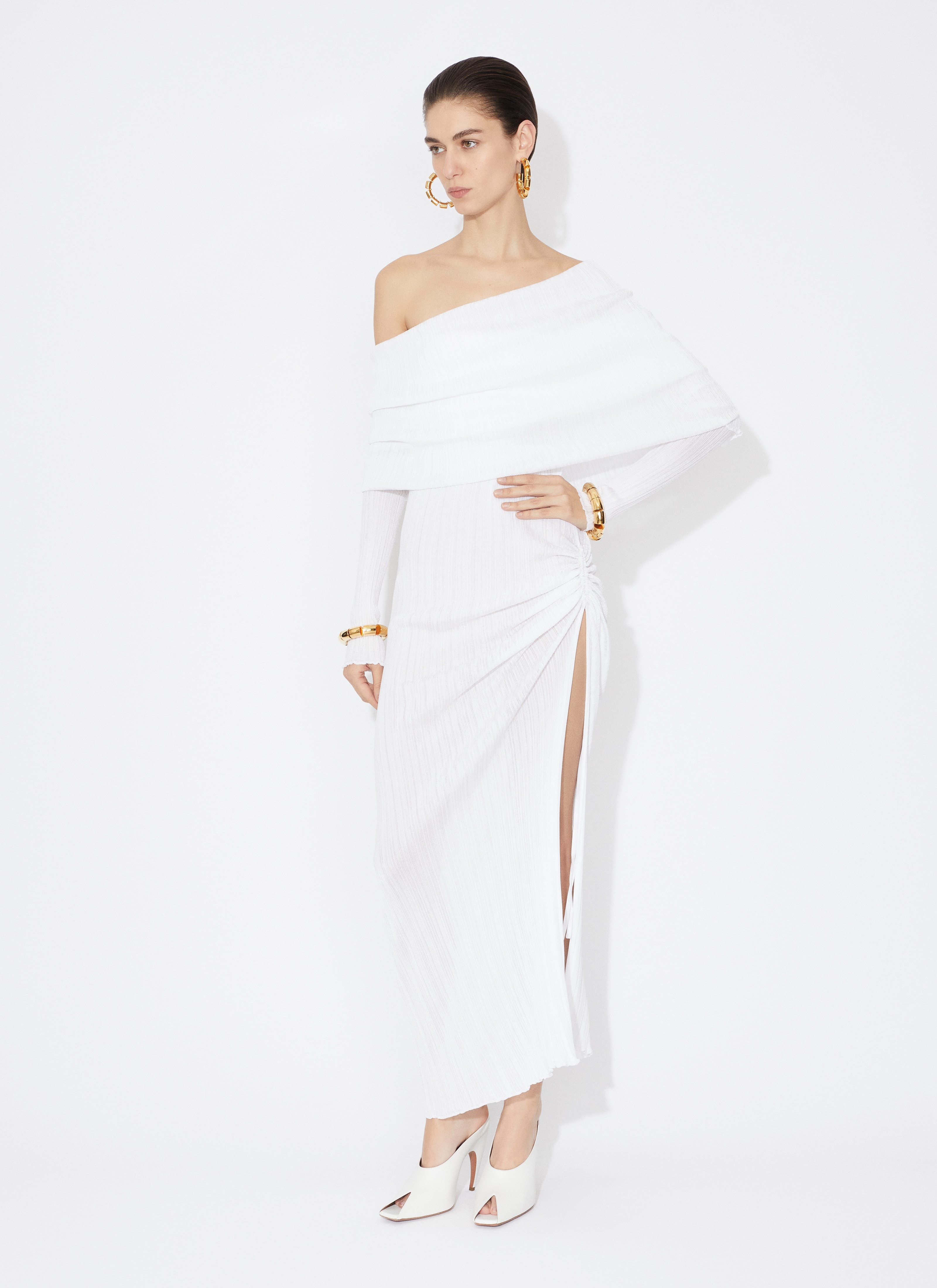 Alaïa DRAPED OFF SHOULDER DRESS IN PLEATED KNIT | REVERSIBLE