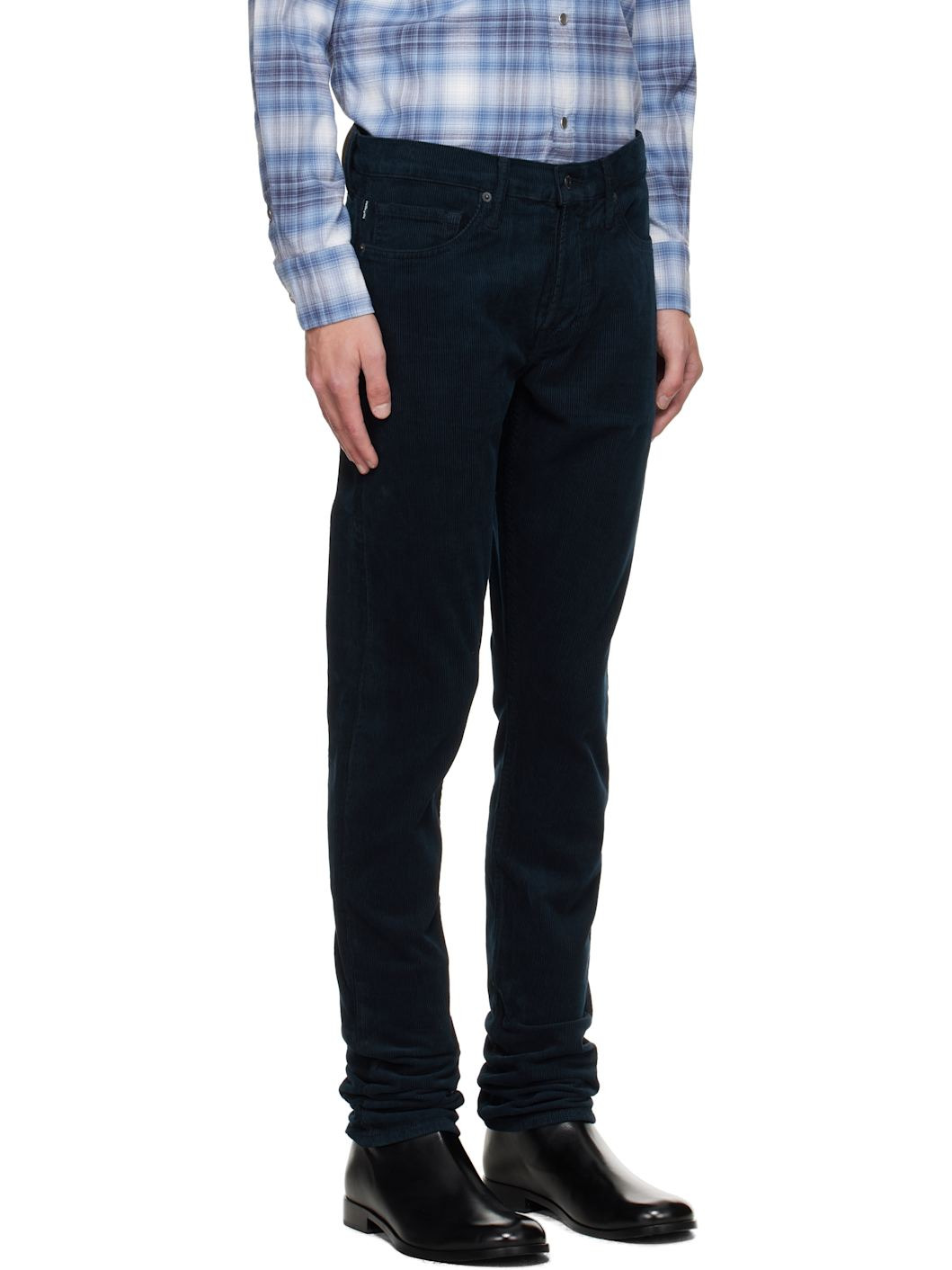 Navy 12 Waves Cord Stretch Slim Fit Trousers - 2