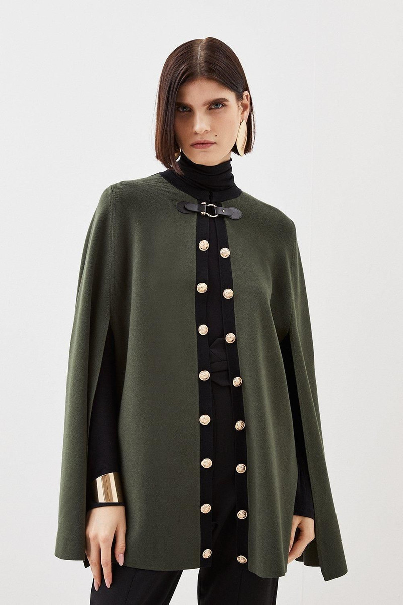 Viscose Blend Military Trim Knitted Cape 1