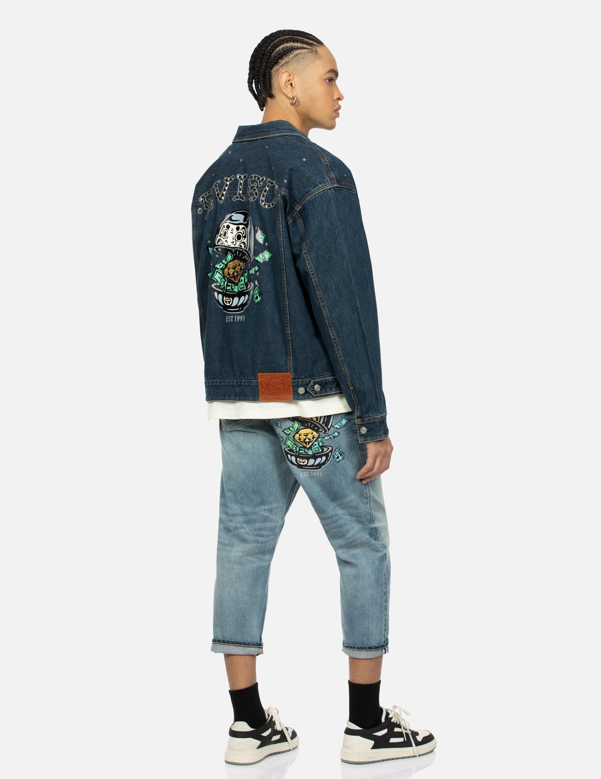 DIAMOND DARUMA AND SEAGULL PRINT LOOSE FIT DENIM JACKET - 3