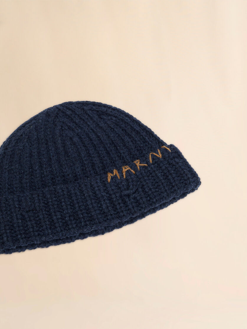 DEEP BLUE RIBBED BEANIE WITH HAND-STITCHED LOGO - 4